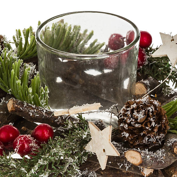 Centre de table buche avec 4 photophores bois rouge - feeric lights &christmas