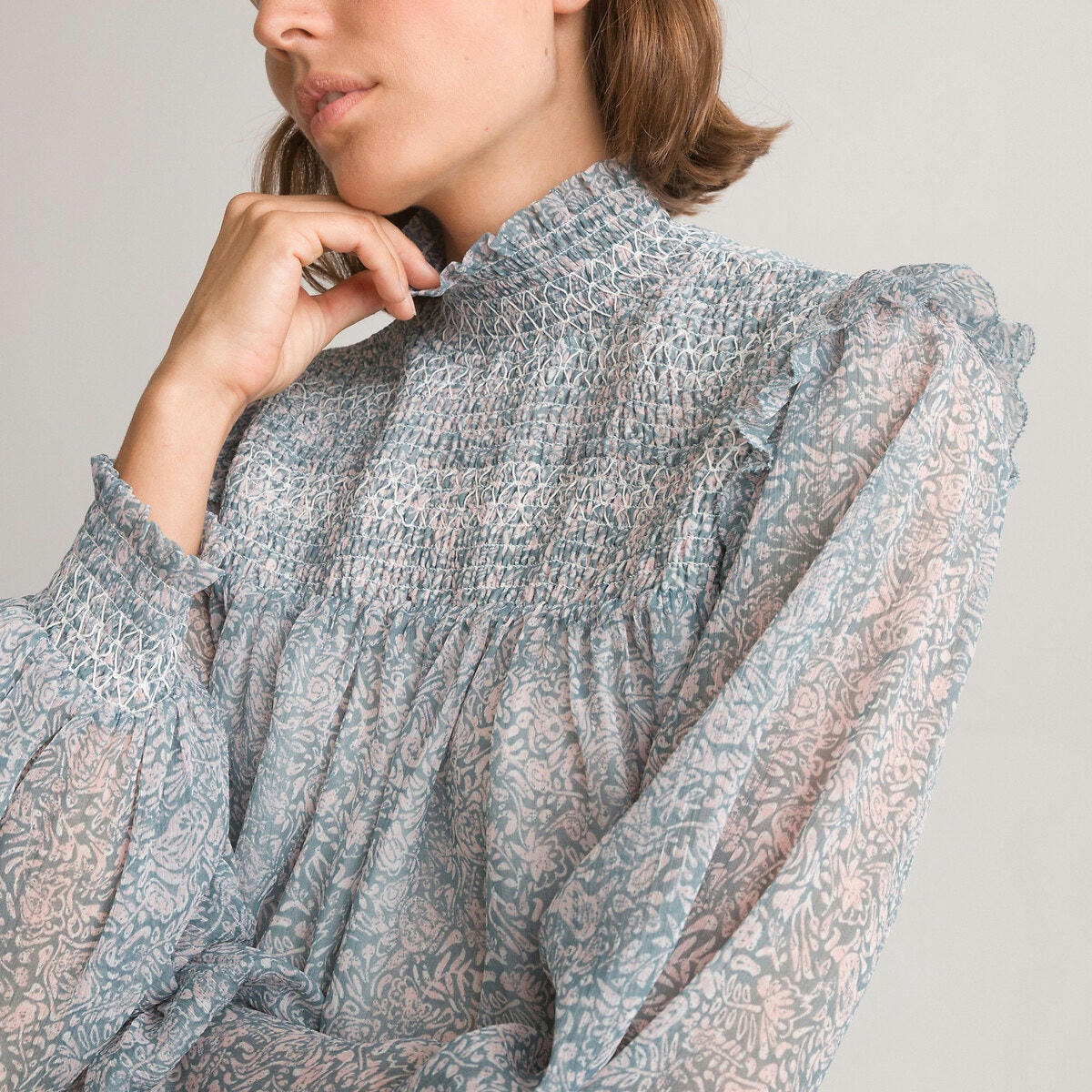 Blouse col montant manches longues, imprimé fleurs