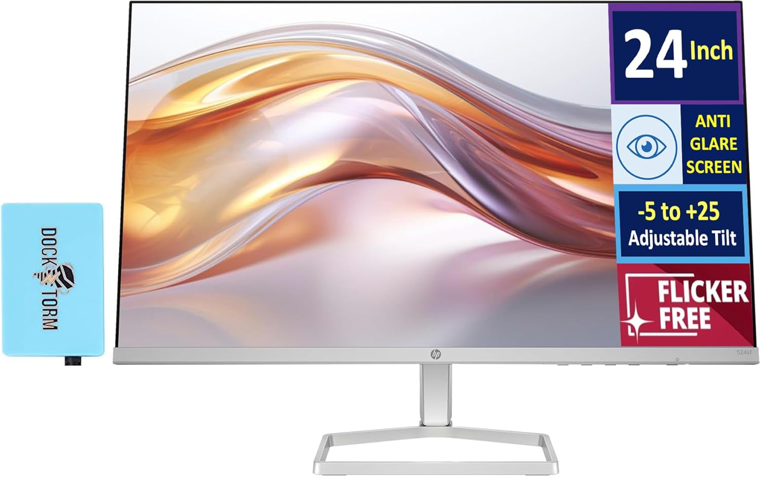 HP Series 5 524sf Monitor (Replaces M24f) 24 IPS FHD 300 Nits Display  -5 to +25 Degrees Adjustable Tilt  Flicker Free  Anti-Glare  1x HDMI  1x VGA  Black/Silver with Dockztorm HUB USB Port Expander