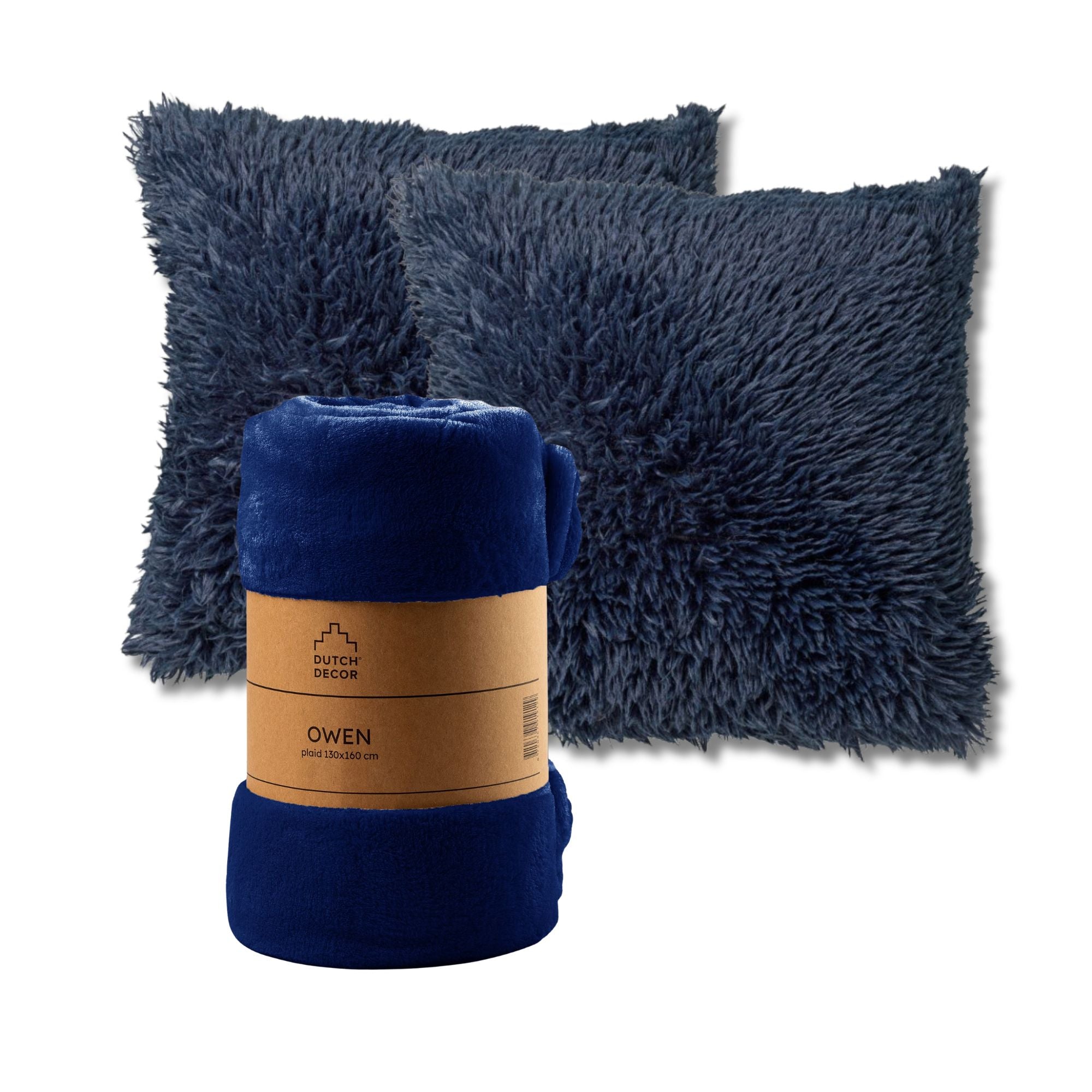 VOORDEELSET - 3-delig - Fluffy & Owen - 2 sierkussens 45x45 cm - 1 plaid 130x160 cm - blauw