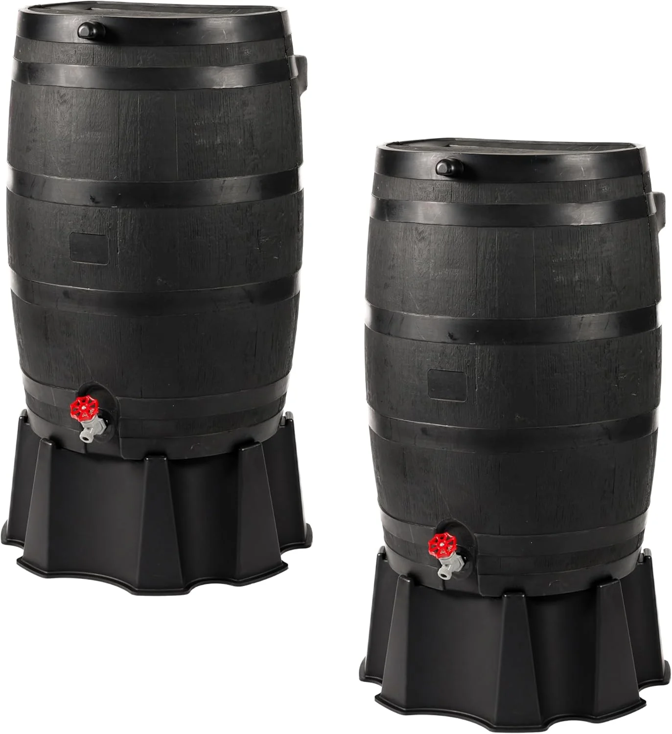 RTS Home Accents 50-Gallon ECO Rain Barrel Made with 100% Recycled Plastic, Flat Back Rain Water Collection Barrel, Black(2-Pack Rain Barrel With Stand)