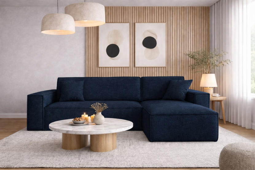 Sofa w kształcie L BEST narożnik tkanina Neve, Ciemnoniebieski Prawostronny