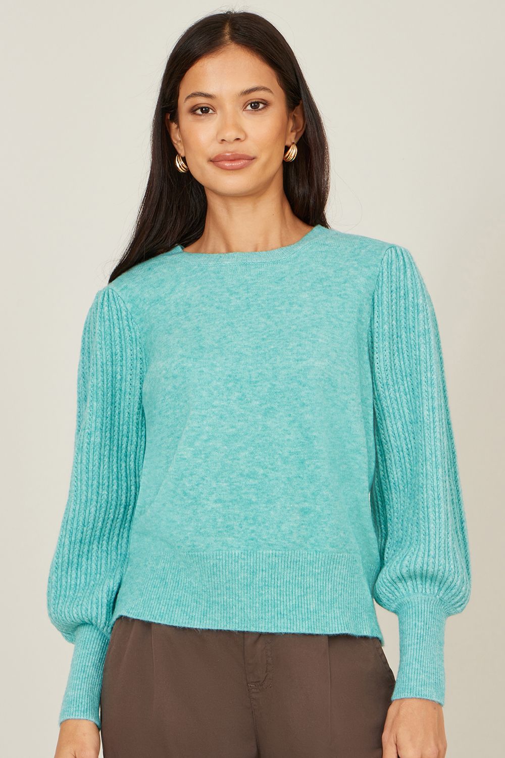 Yumi Aqua Knitted Balloon Sleeve Sea Green Jumper