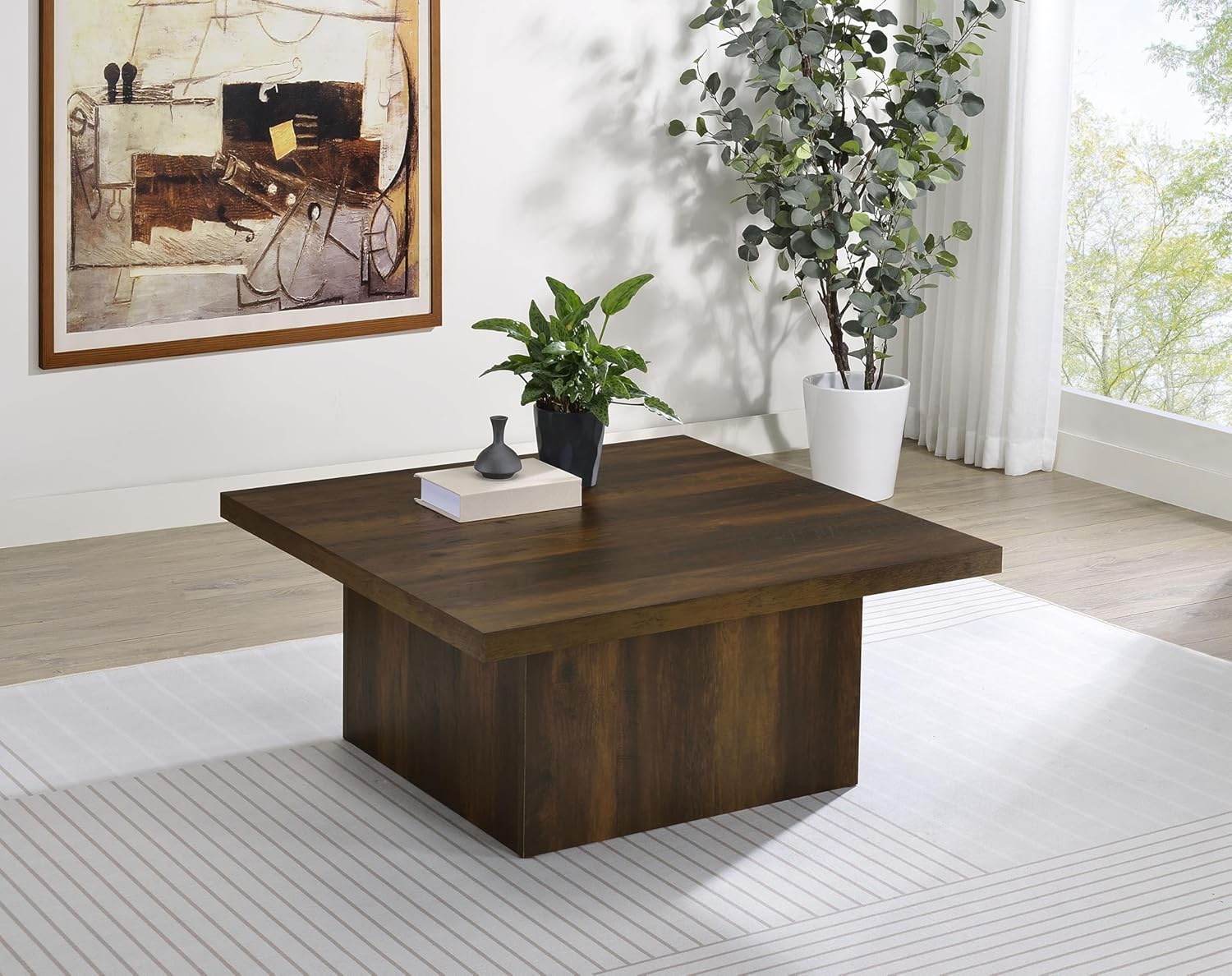 Coaster Home Furnishings - Devar - Wood - Square Coffee Table with Plinth Base, Geometric Design and Transitional Style - Living Room - Dark Pine - 710888