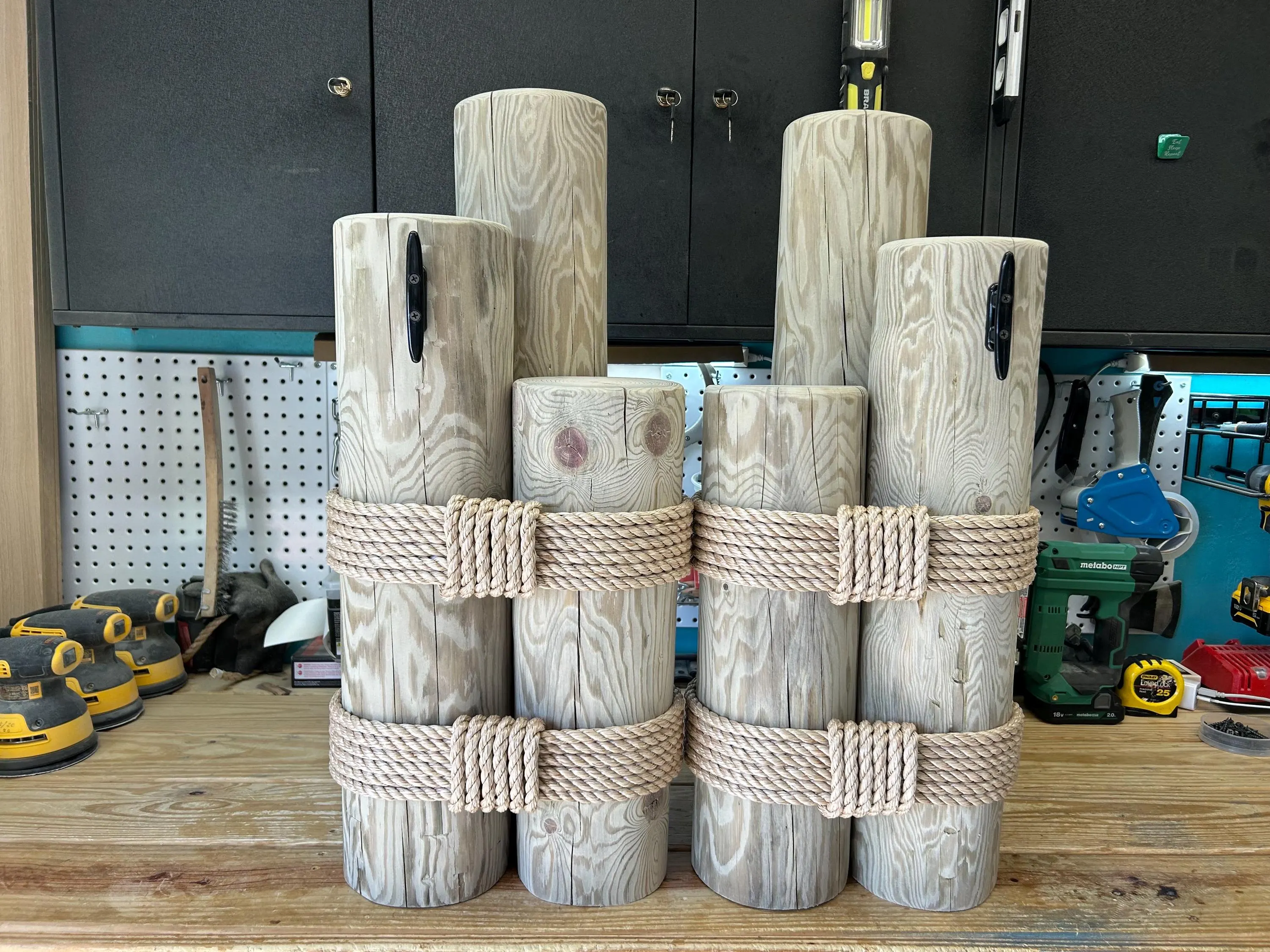 Beautiful Set of Large 28” Shore Pilings with our Signature Rope Work. Right side and Left side Pilling