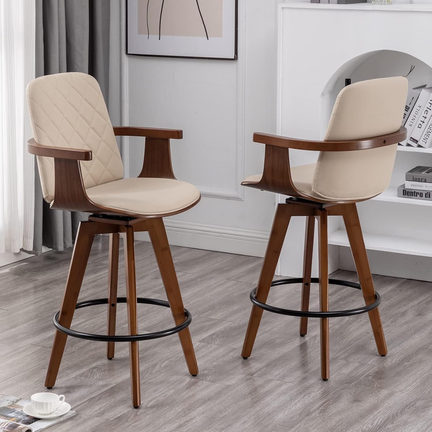 Counter Stools Set of 2, Upholstered Faux Leather Counter Height Bar Stools, Swivel Counter Chairs with Wooden Arms and Legs(Beige, 26 Seat Height)