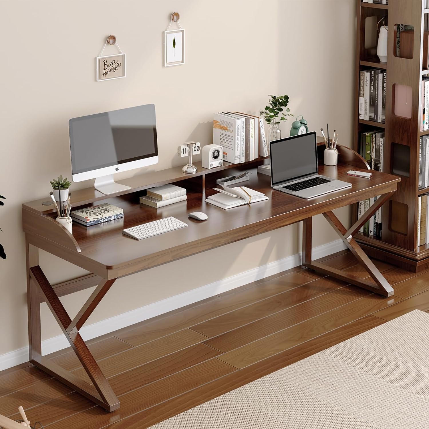 OSCHF Long Desk with Monitor Stand - 71 Double Long Computer Table for 2-Person Workstation, Large Writing Study Work Desk for Home and Office, Walnut