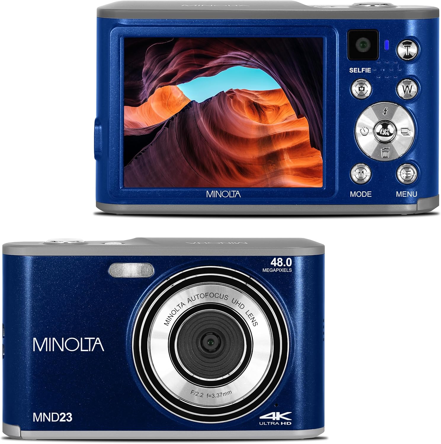 Minolta 48MP Digital Camera with Rear Selfie Lens – 4K Ultra HD Video  2.8 LCD Screen  16X Digital Zoom  Autofocus  Slow Motion  Time Lapse  Filters  Scene Modes  32GB Card Included (Blue)