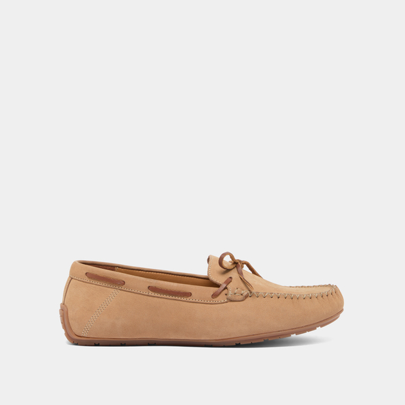 Mocassins froncés à lacetsen nubuck beige et cuir cognac | ANGELIQUE