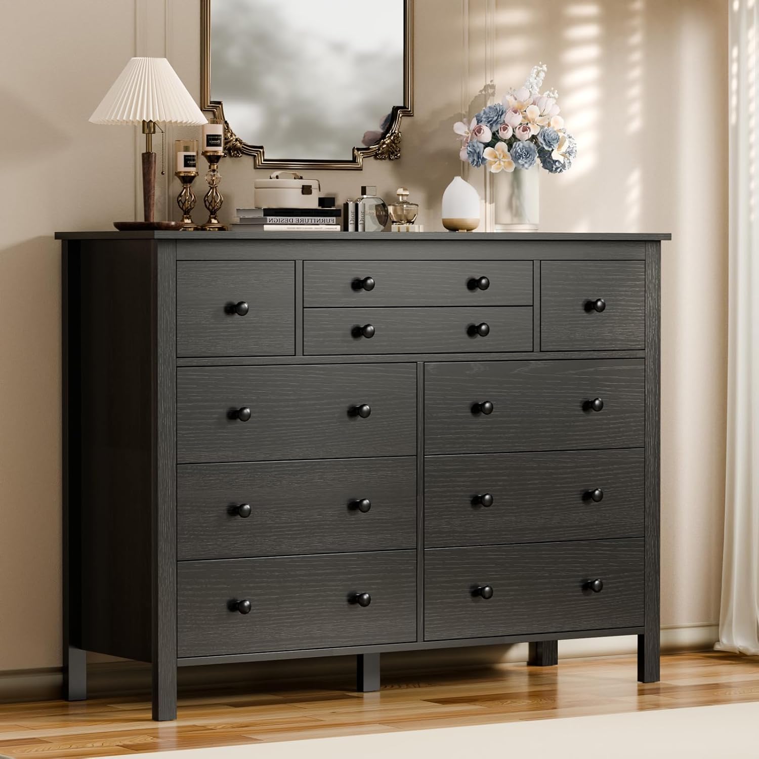 10 Drawer Large Black Dresser for Bedroom, 47.2 Long Chest of Drawers with Deep Drawers, Modern Wooden Storage Dresser for Closet, 36.2 Tall TV Stand for Living Room, Hallway, Entryway