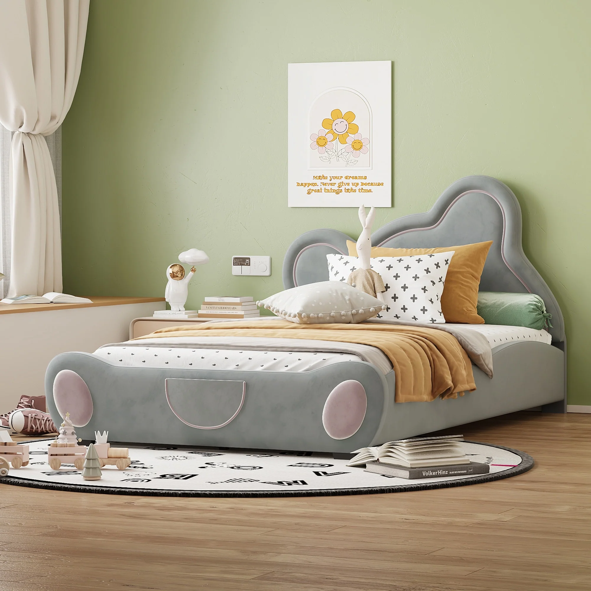Adorable Twin Size Bear-Shaped Platform Bed - Kid-Friendly Design with Storage, Beige/Gray