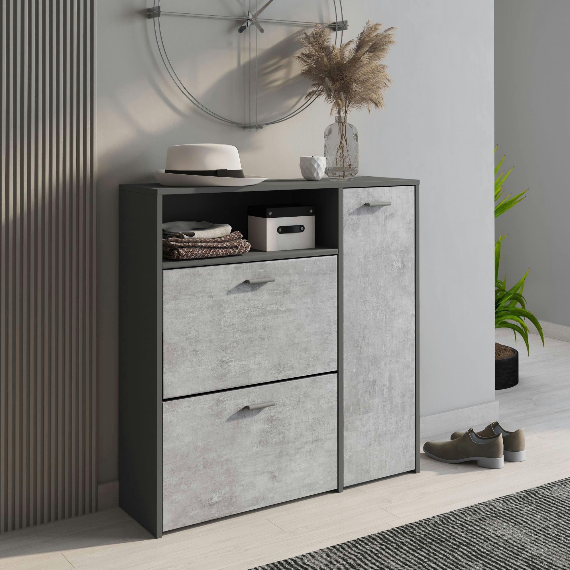 - Meuble à chaussures moderne à 3 portes effet bois anthracite