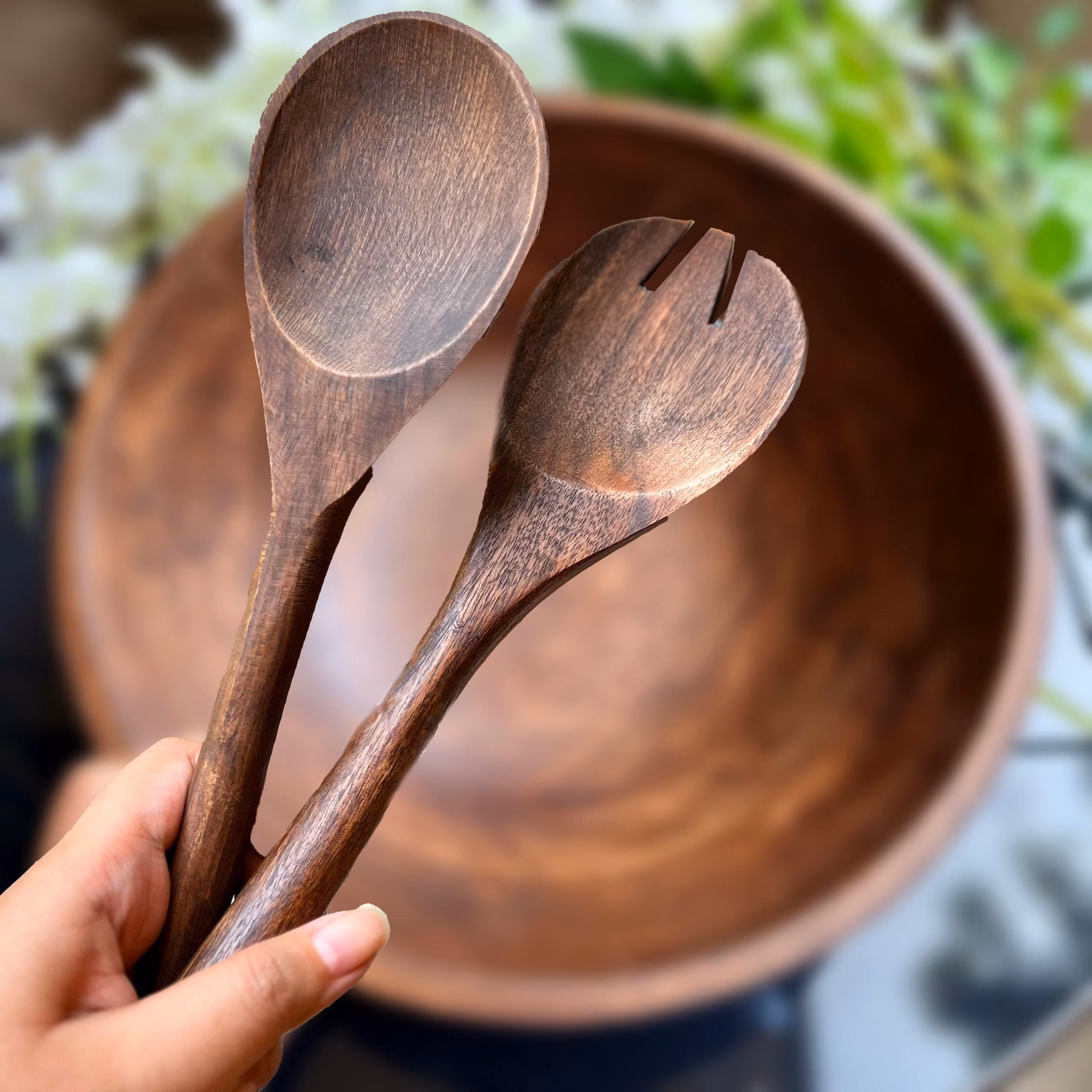 Large Walnut Salad Bowl Set, Wooden Serving Bowl with Utensils, Rustic Fruit Bowl Table Centerpiece