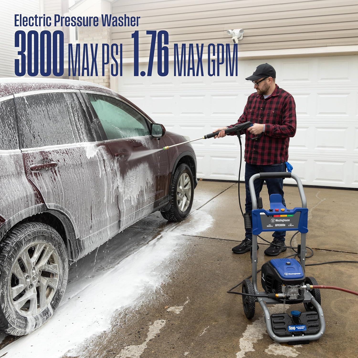 Westinghouse WPX3000e Electric Pressure Washer  3000 Max PSI and 1.76 Max GPM  Induction Motor  Onboard Soap Tank  Spray Gun and Wand  5 Nozzle Set  for Cars/Fences/Driveways/Homes/Patios/Furniture