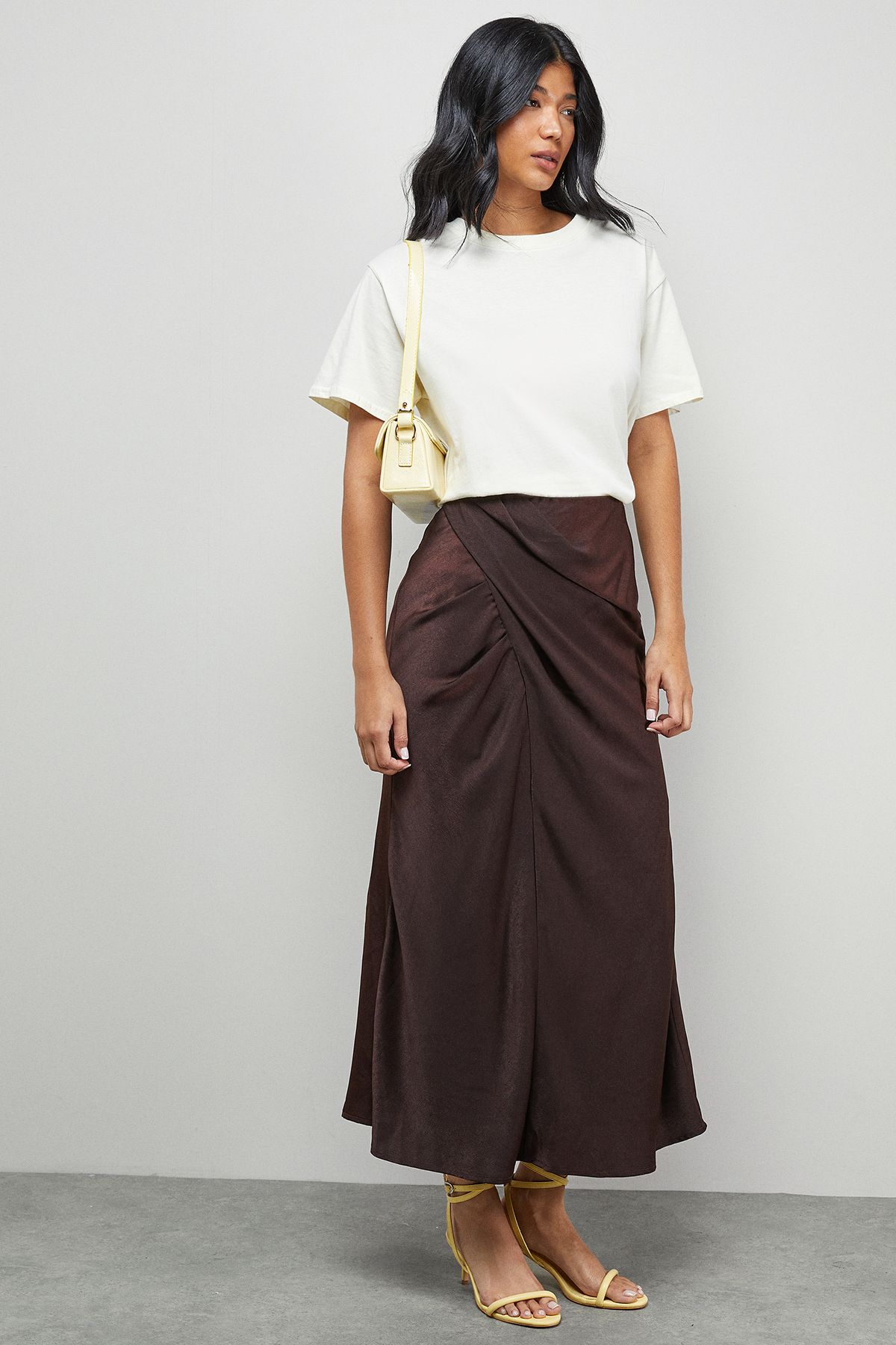 Warehouse Crushed Satin Drape Front Bias Midi Skirt