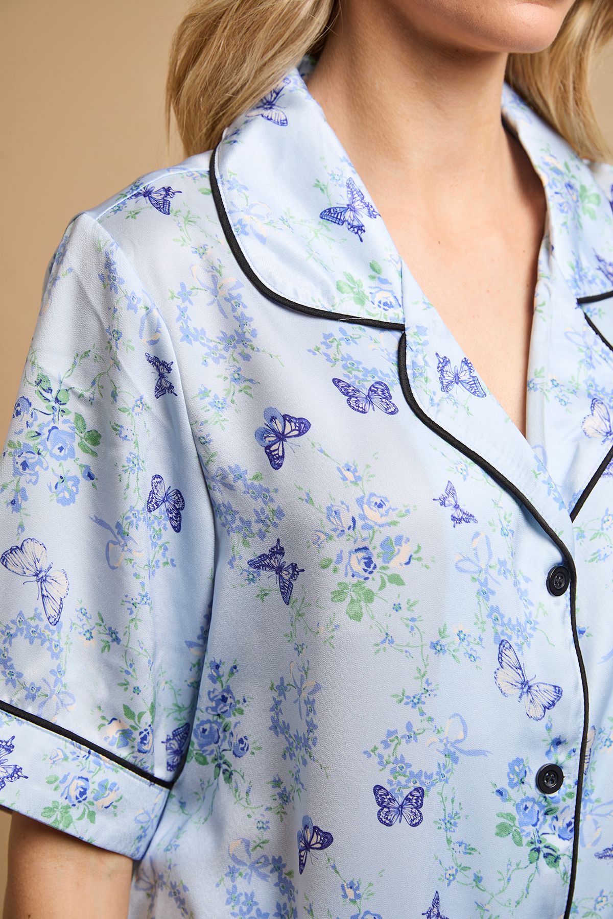 Oasis Blue Butterflies Satin Nightwear Shorts Set