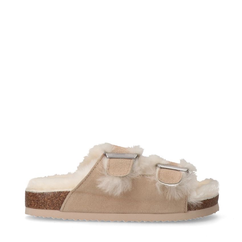 Manfield Beige suède slippers met bontvoering