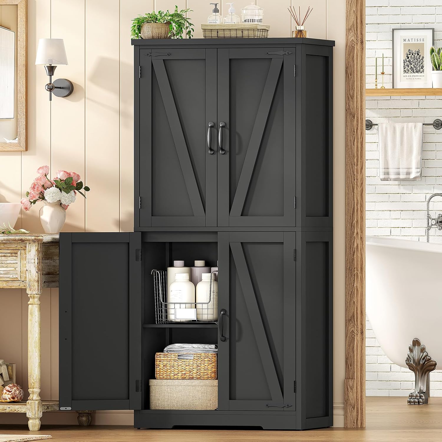TEENFON 58 H Storage Cabinet with Adjustable Shelf, Kitchen Cabinet with 4 Doors, Farmhouse Pantry Cabinets, Cupboard for Kitchen, Bathroom, Living Room, Black