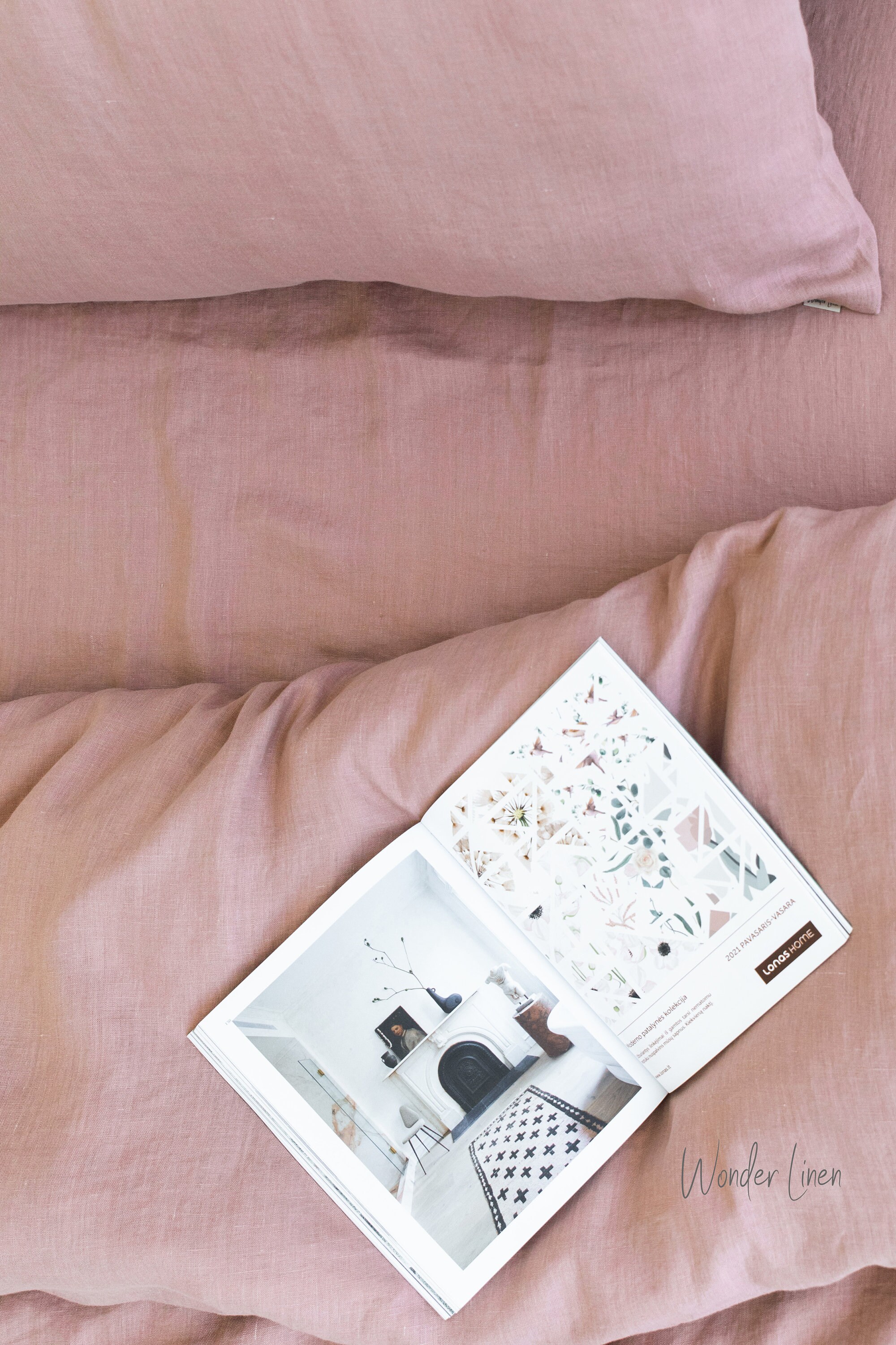 Woodrose Linen Bedding Bet, Pink King, Queen, Twin size Bedding, Custom Size Duvet Cover with Buttons and 2 Envelope Pillow Cases