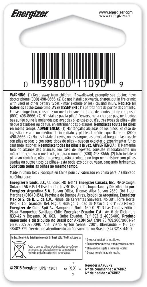 Energizer 1-pk A76 LR44 1.5V / 1.5 Volt Alkaline Miniature Battery, Long Lasting
