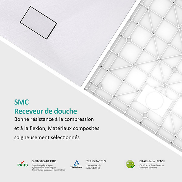 EMKE Receveur de douche receveur de douche plat antidérapant SMC receveur de douche à découper, 120x90cm, Blanc