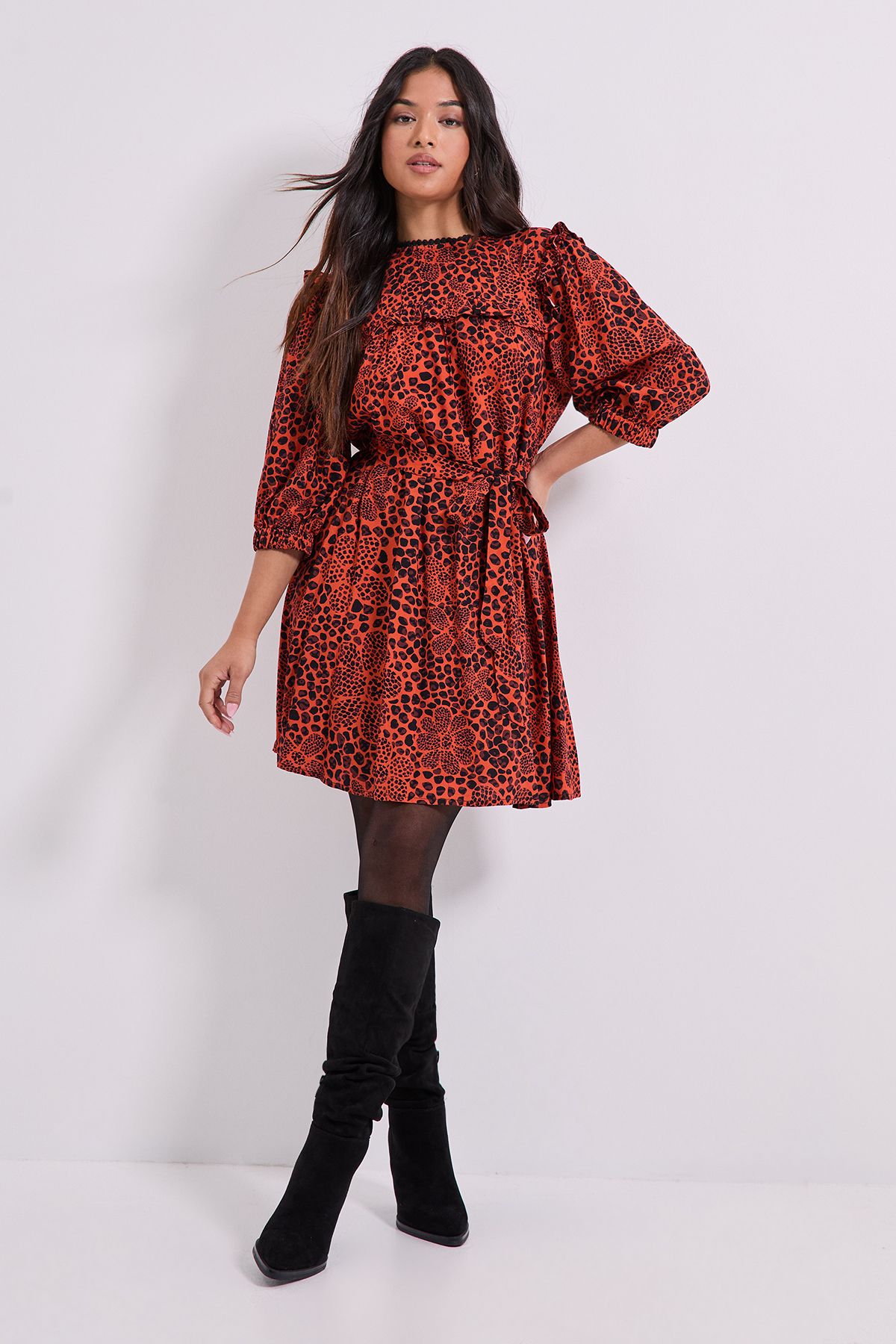 Dorothy Perkins Petite Tie Waist Yoke Frill Detail Printed Belted Mini Dresss