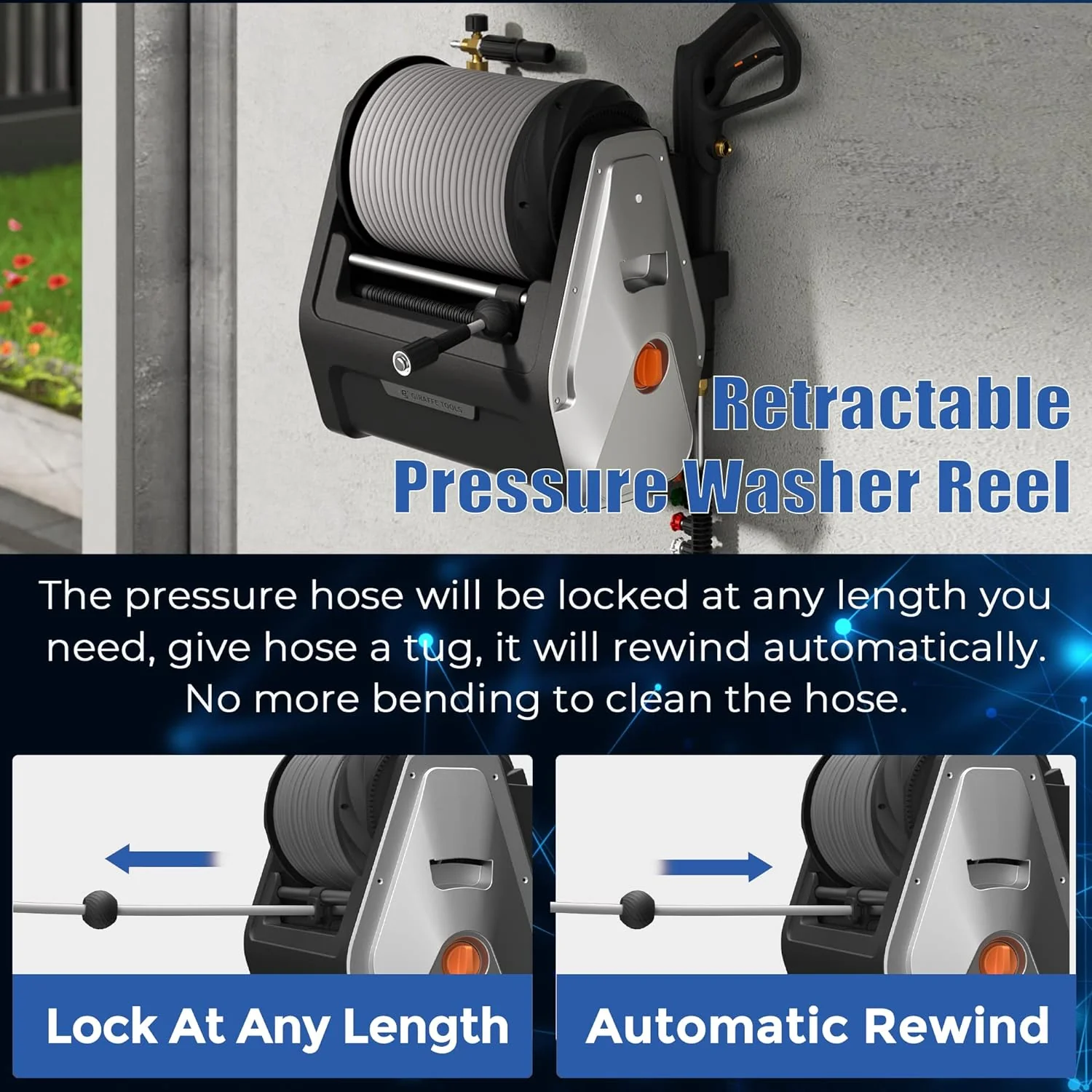 Pressure Washer, Electric Wall Mounted Power Washer with 100FT Retractable Hose, Soap Tank and 4-Nozzle Set, Dark Silver(Plus+ 100FT Replaceable Pressure Hoses)