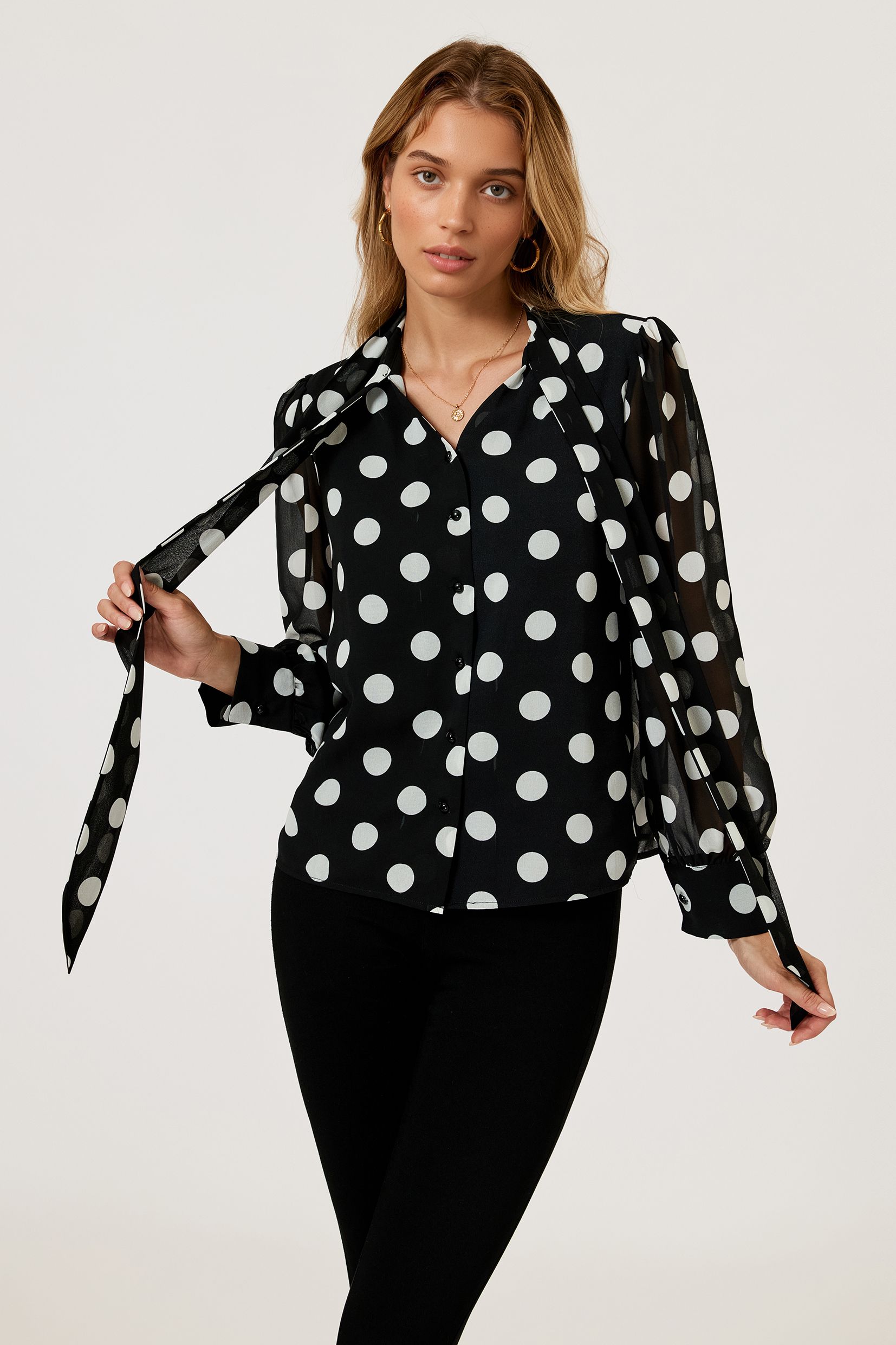 FS Collection Dot Print Tie Detail Long Sleeve Blouse Top In Black