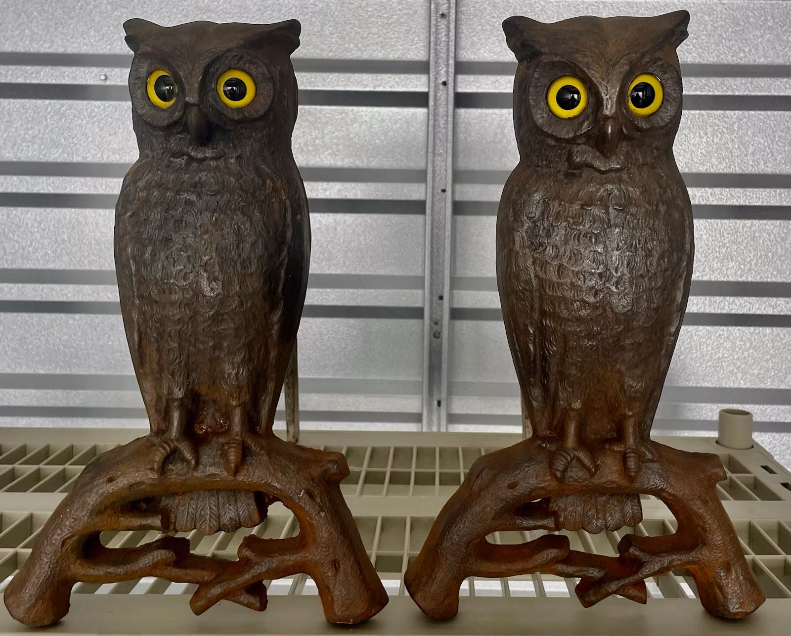 Antique Cast Iron Fireplace Andirons Set Owls Original Yellow Glowing Glass Eyes Fireplace Accessory Circa 1930