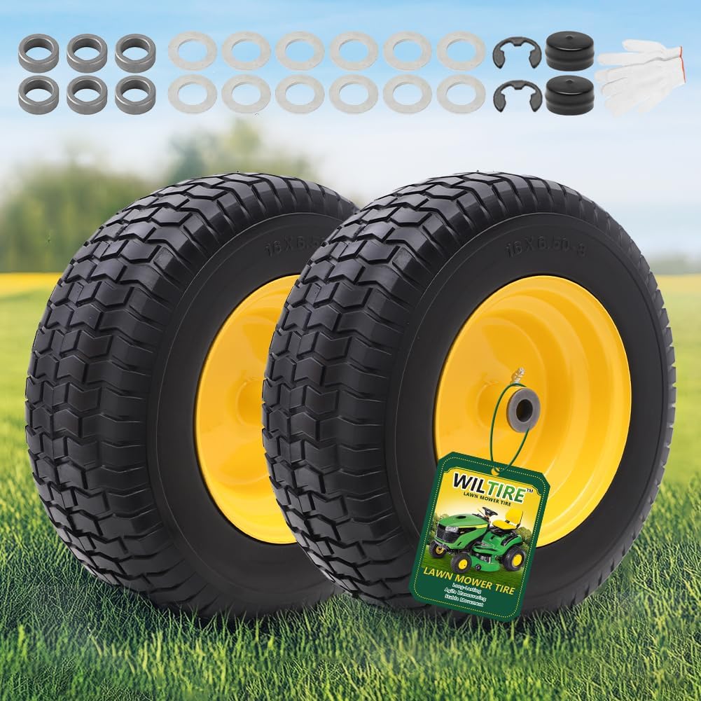 16x6.50-8 Tire and Wheel Assembly (2 Pack), Pre-Installed 3/4 Bushing, 3 Offset Hub, Flat Free Solid Rubber Tire, For Compatible 3/4 Axle Lawn & Garden Equipment (Yellow)