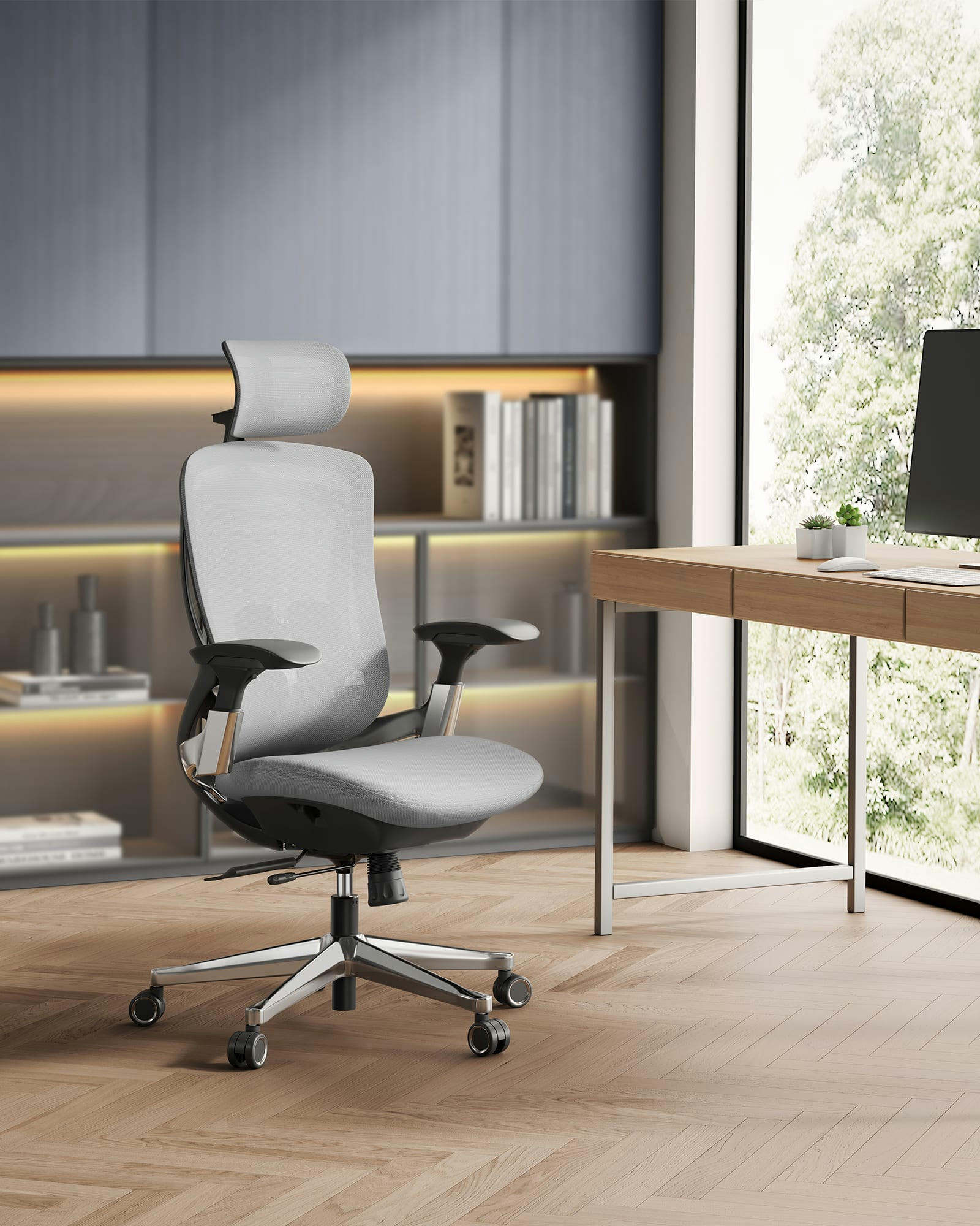 - Chaise de bureau acier polyester mousse nylon gris tourterelle