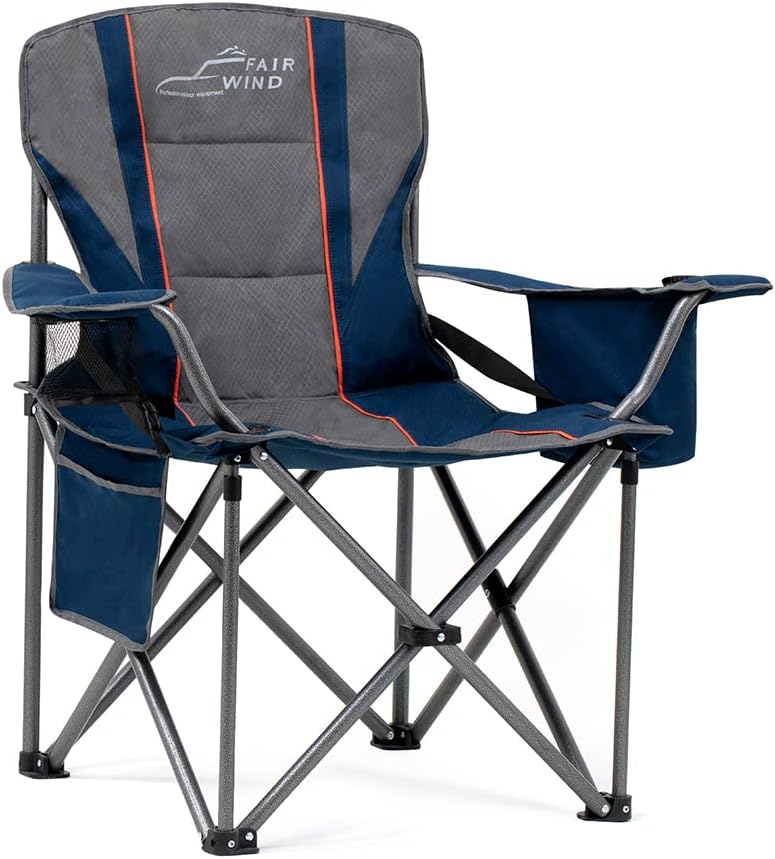 2 Pack Oversized Fully Padded Camping Chair with Lumbar Support, Heavy Duty Cooler Bag Fold Chair Support 450 LBS(Blue/Single Pack)