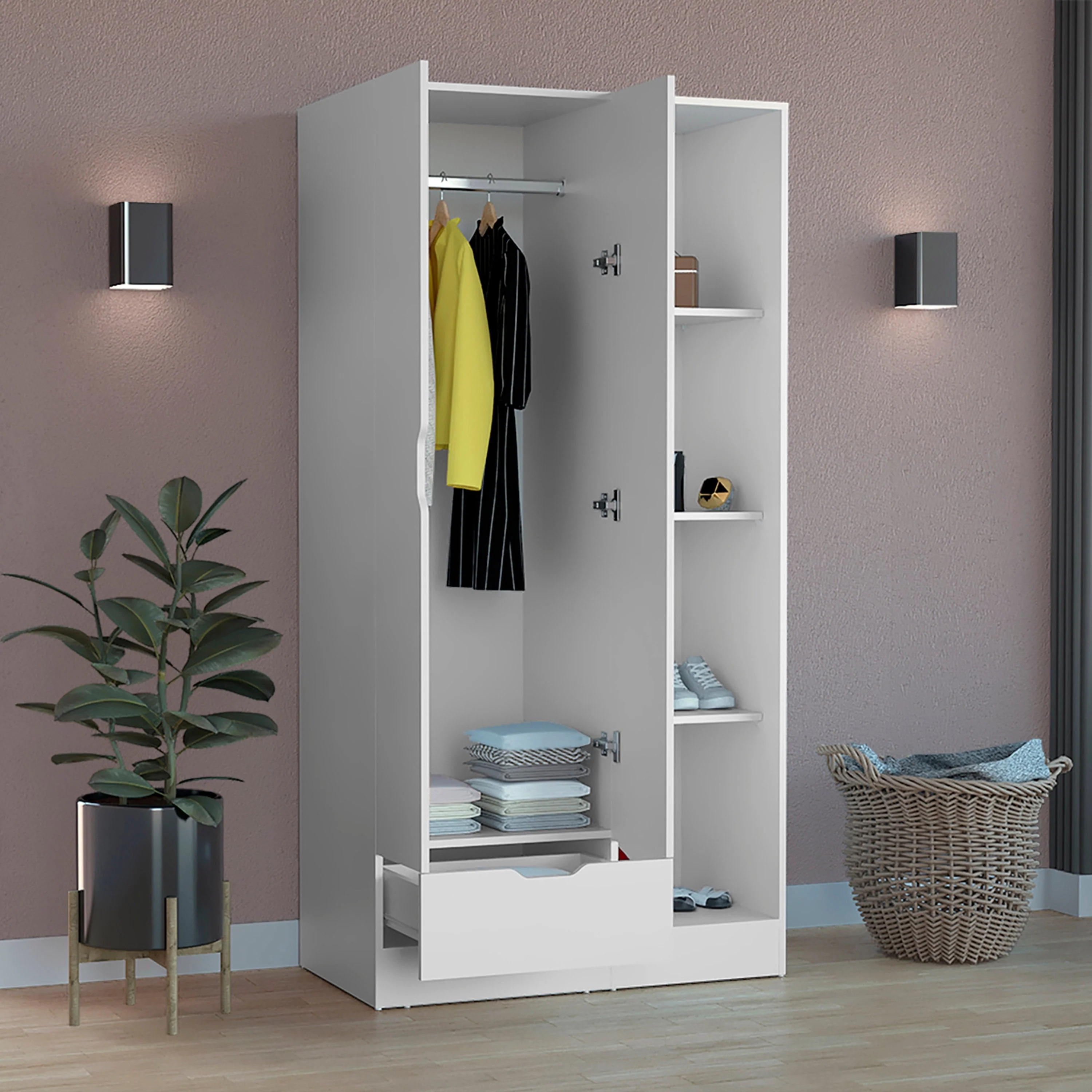 19.68 Modern Double-door Armoire with Drawer and 4-Tier Open Shelves for Bedroom