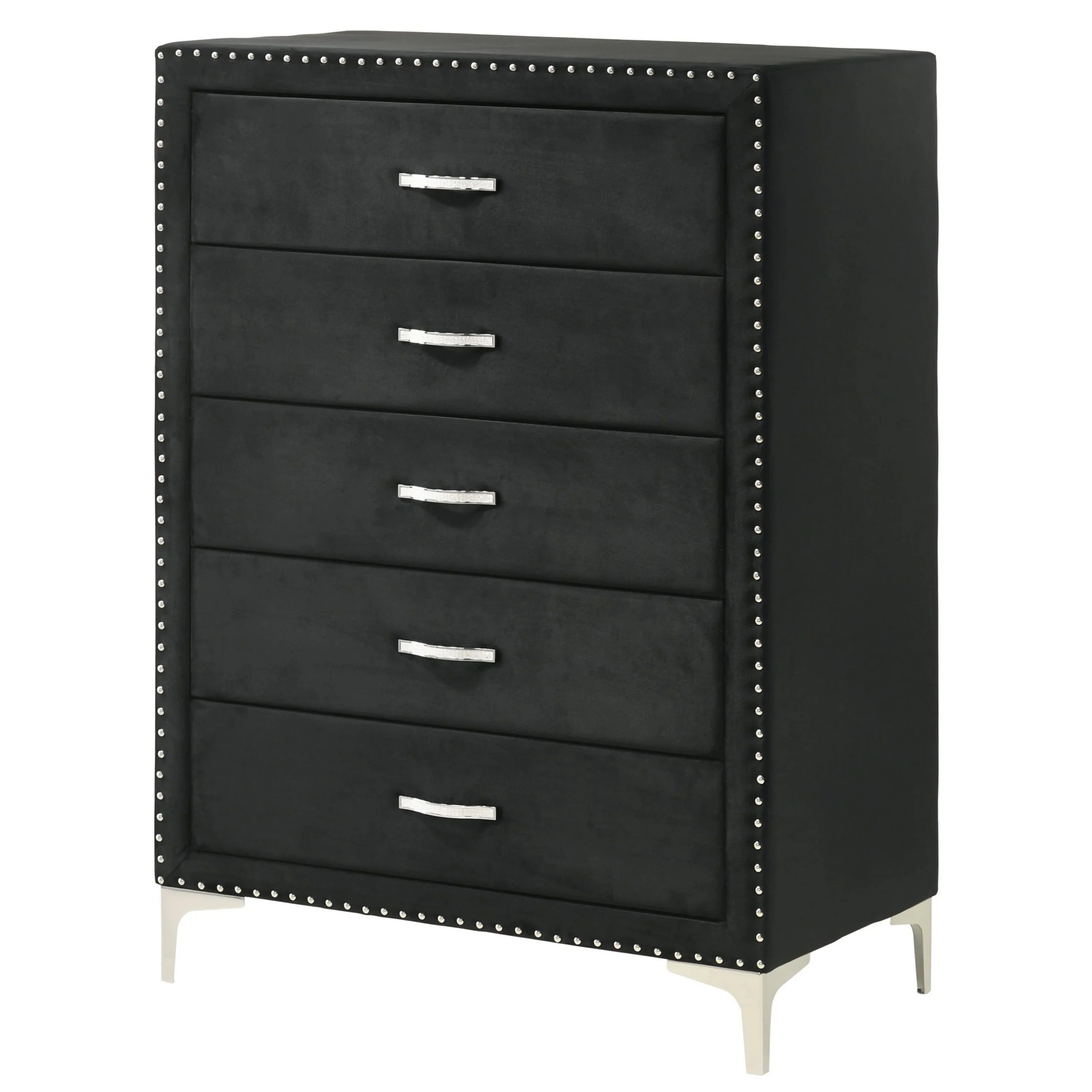 Moha 50 Inch Tall Dresser Chest, 5 Drawers, Metal Handles, Black Velvet