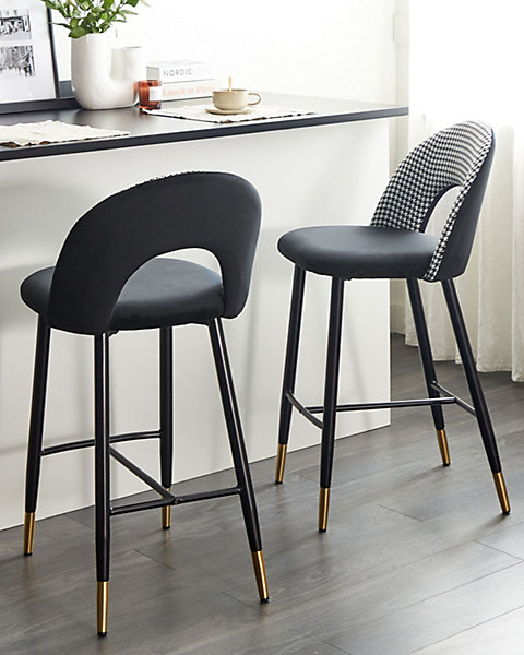 Lot de 2 chaises de bar FALTON Velours Noir/blanc