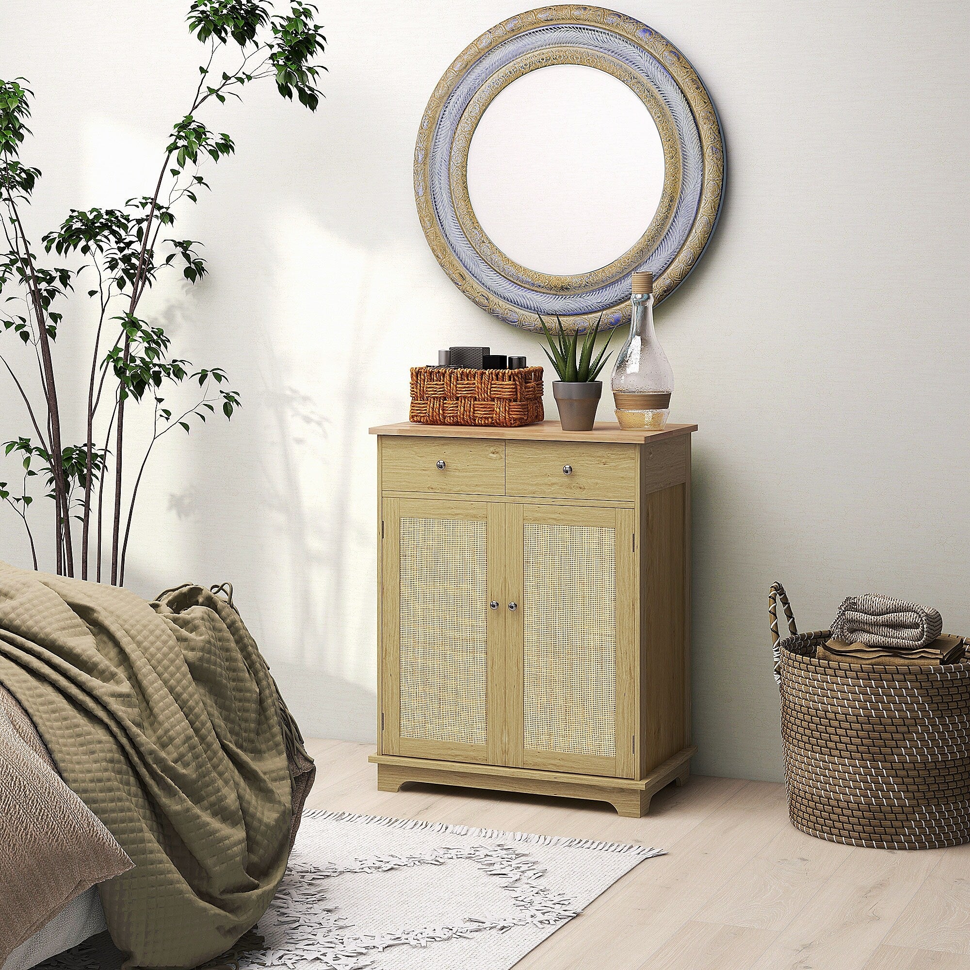 Modern Storage Cabinet with Solid Wood Countertop, 2 Drawers and Adjustable Shelf