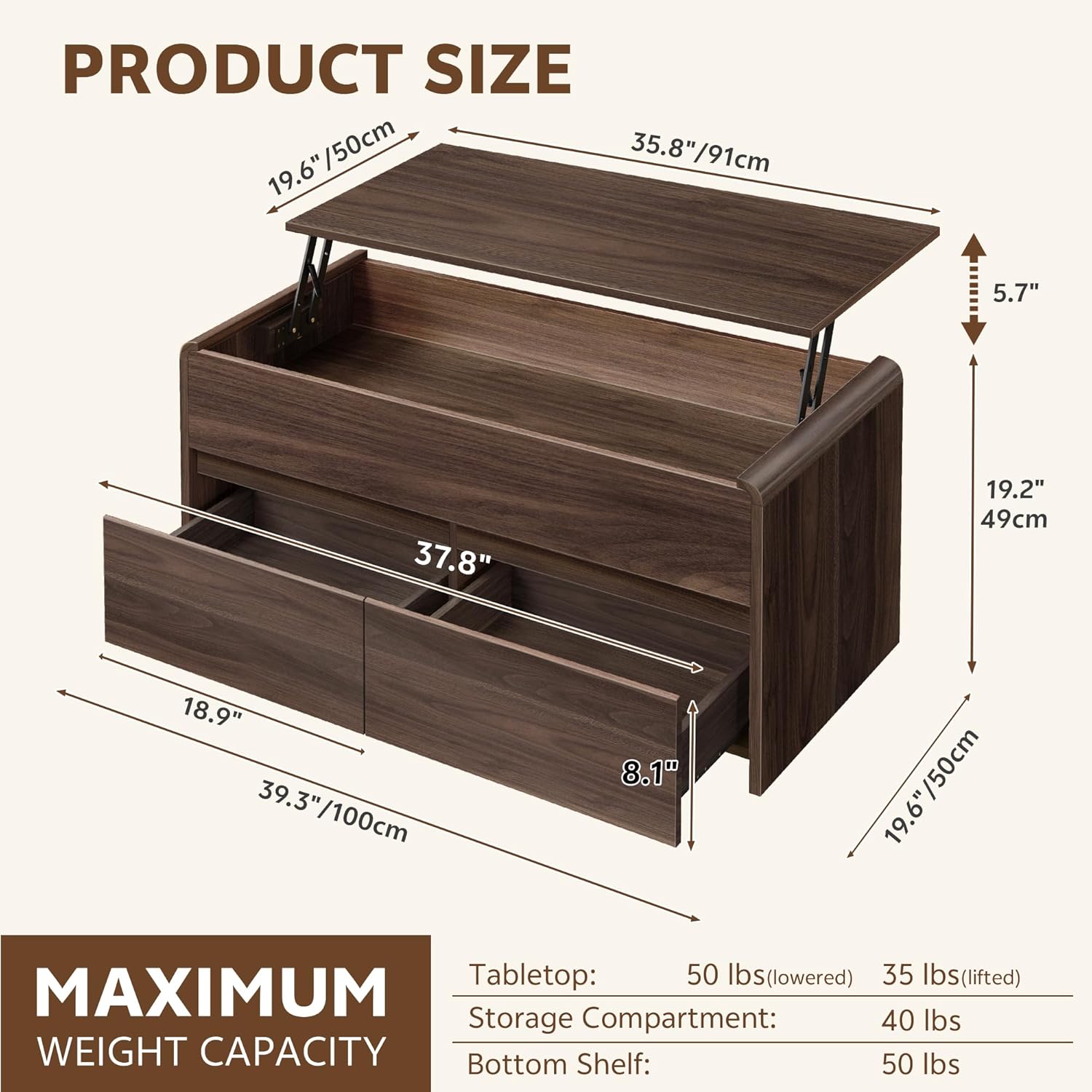 Coffee Table Lift Top with 2 Drawers, 40 Inch Multi-Function Coffee Table with Hidden Compartment, Curved Profile Design, Converts to Home Office Table for Living Room, Walnut