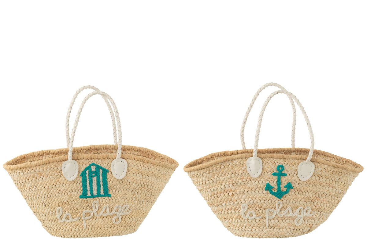J-Line strandtas La Plage - maïs - naturel/wit/azuur - 2 stuks