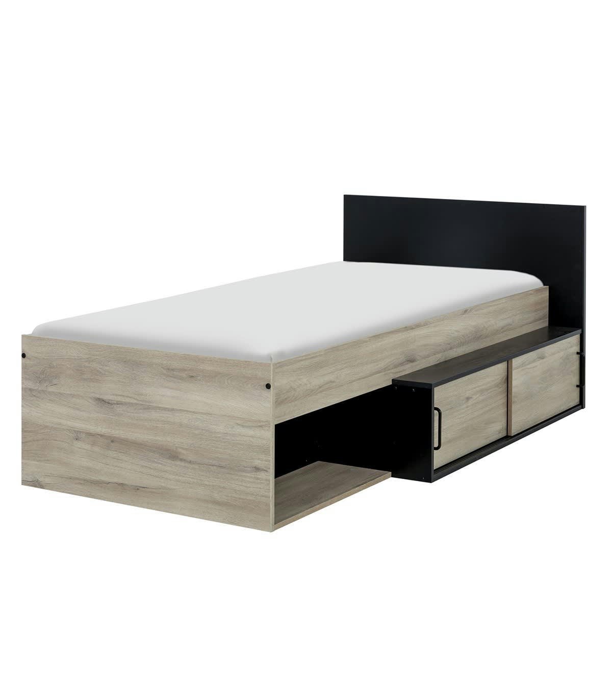 ERQUY - Lit Enfant Compact et Rangements - Chêne et noir 90x200