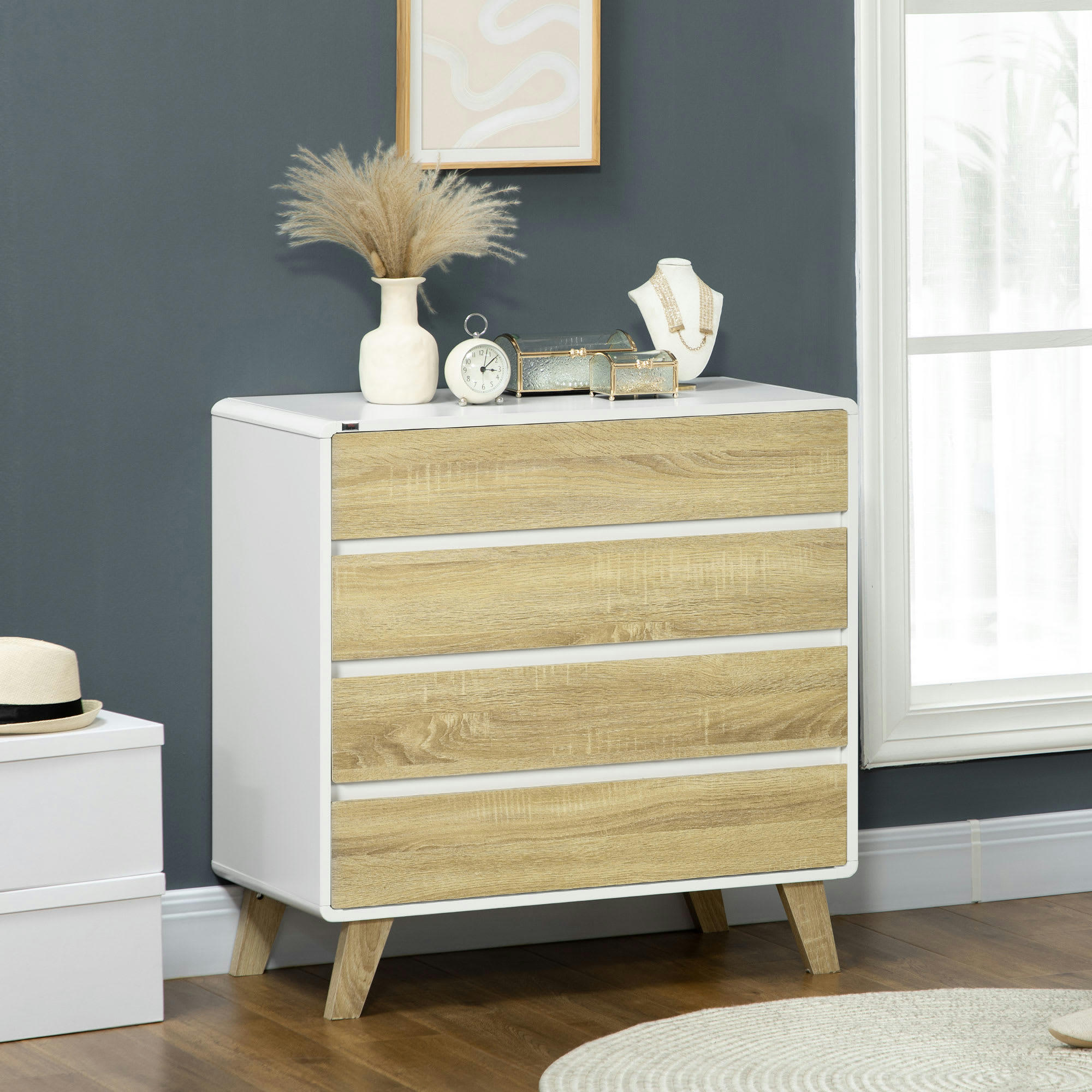 - Commode design scandinave - 4 tiroirs - blanc aspect chêne clair
