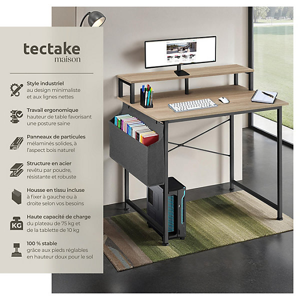 Bureau Style industriel avec Support pour écran et sac de rangement