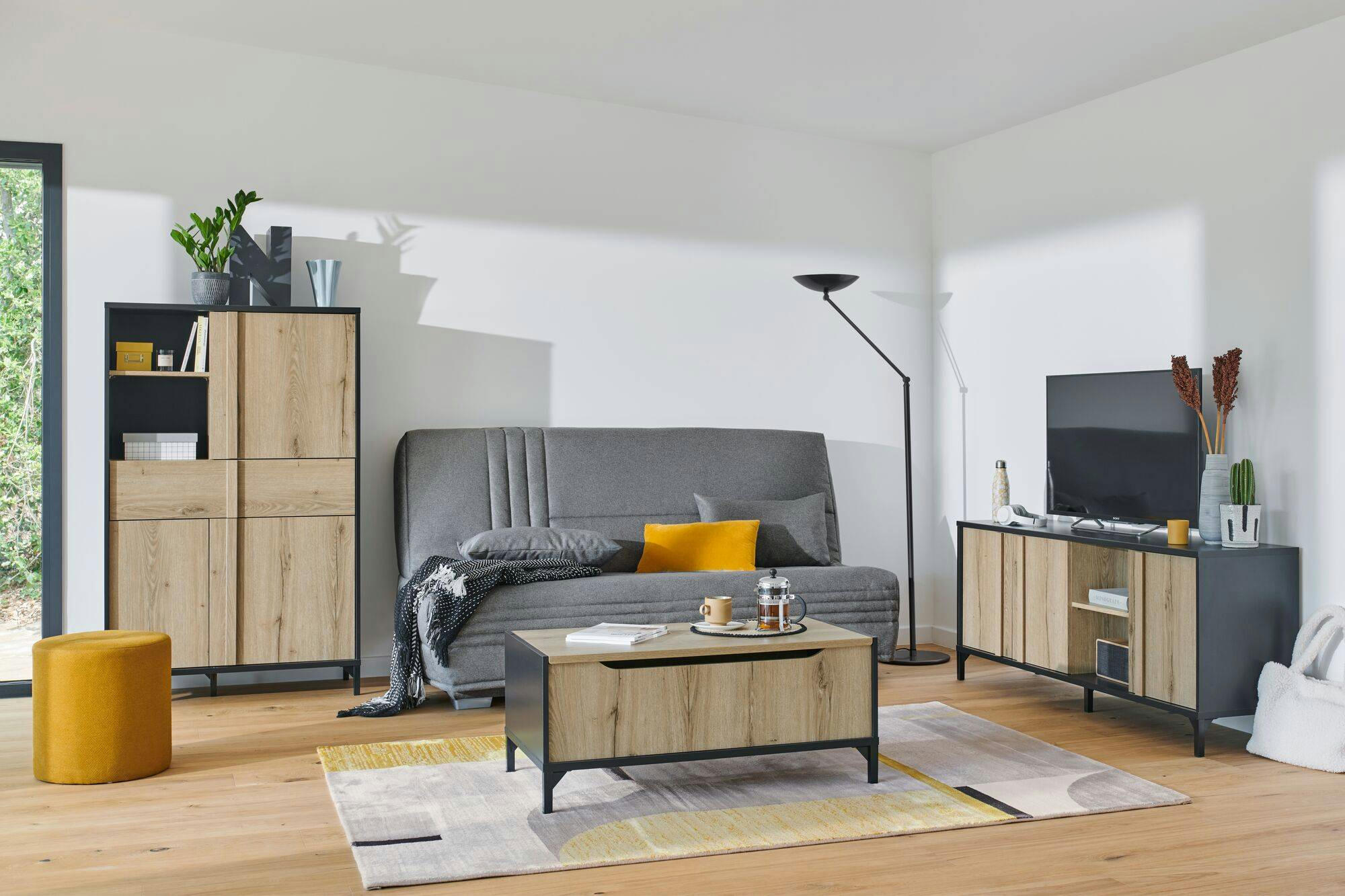 GARLONE - Meuble TV effet bois et noir