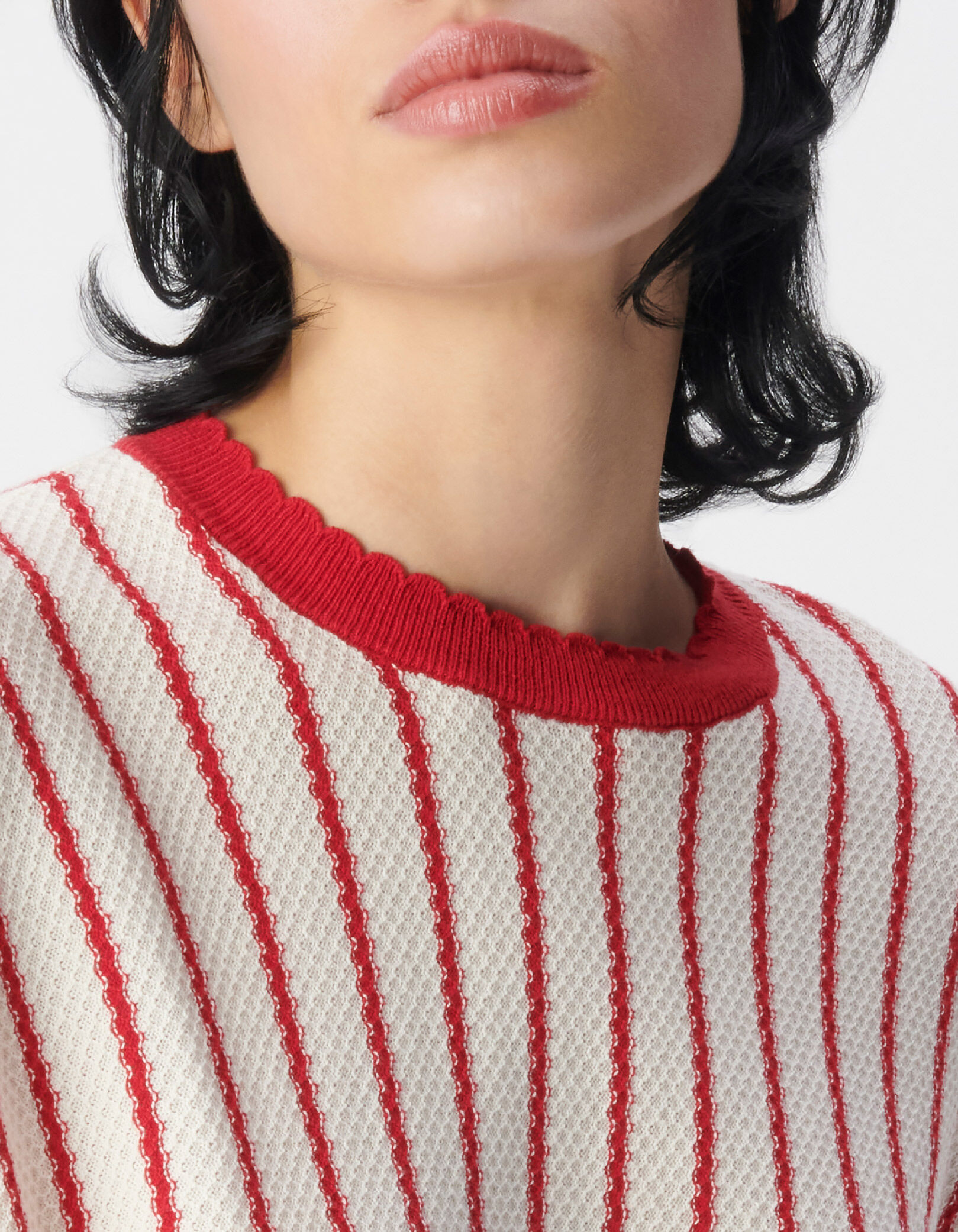 Tee-shirt blanc tricot coton bio rayures rouges Femme