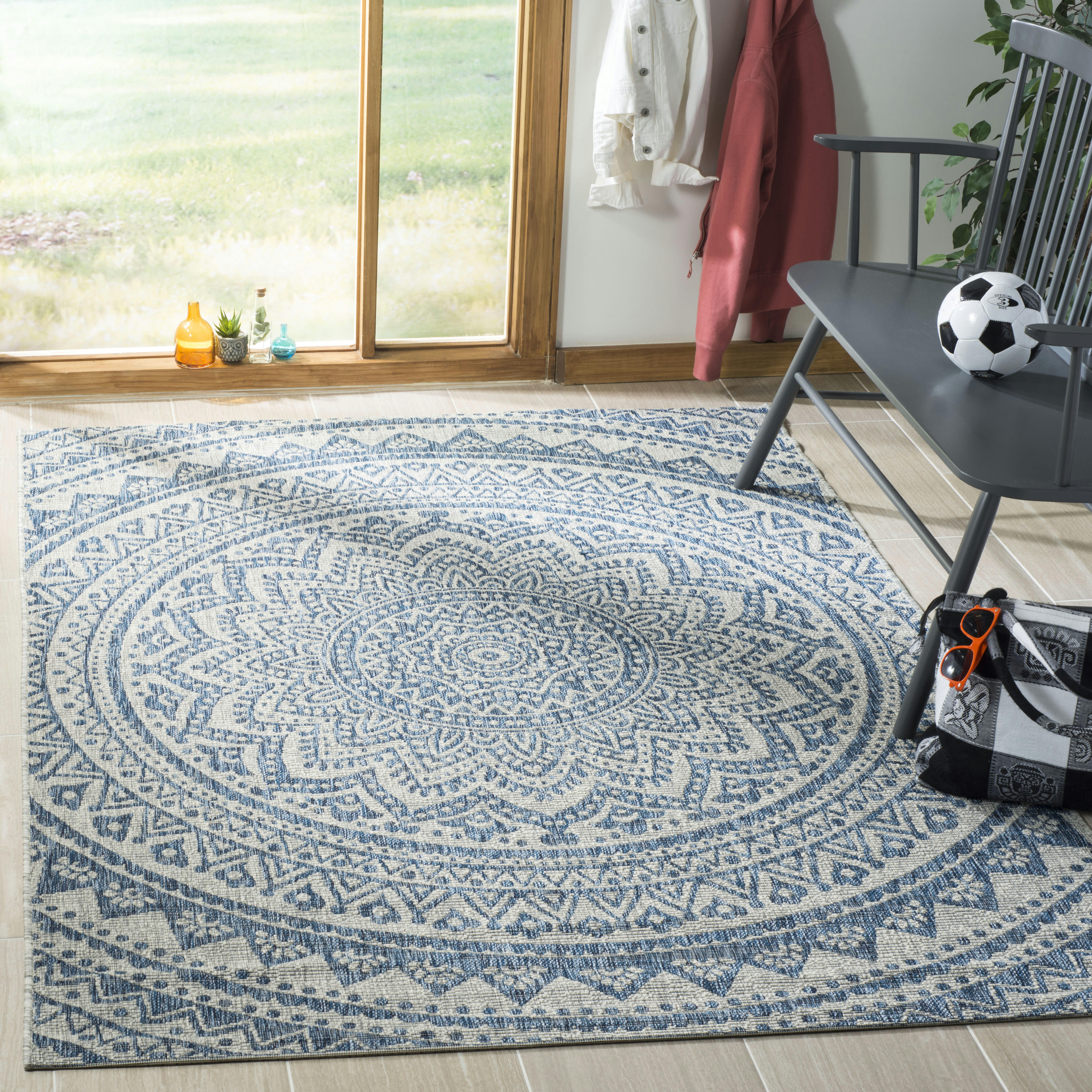 COURTYARD - Tapis interieur & exterieur en gris clair & bleu, 201 x 290 cm
