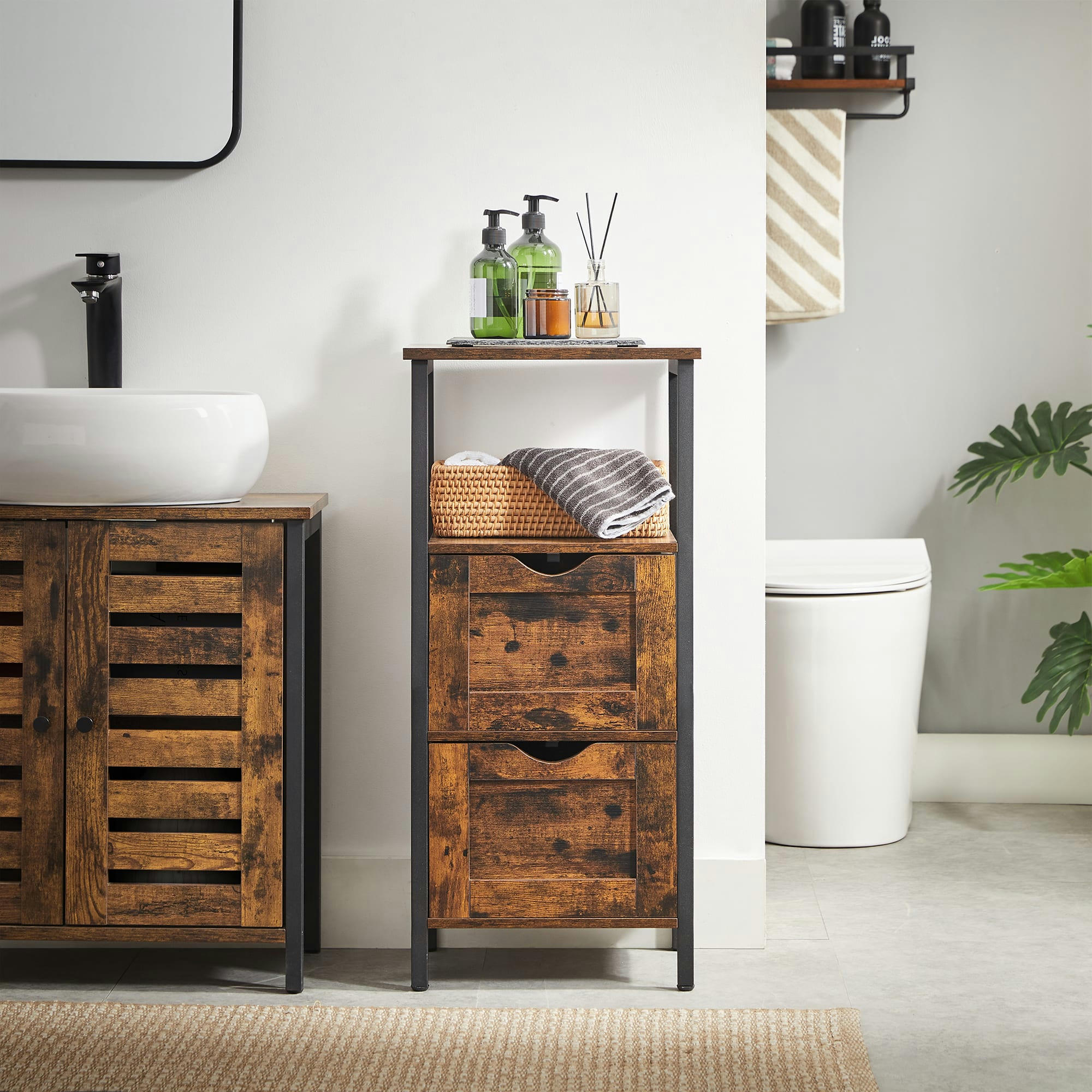 - Meuble de salle de bain 2 tiroirs effet bois marron rustique