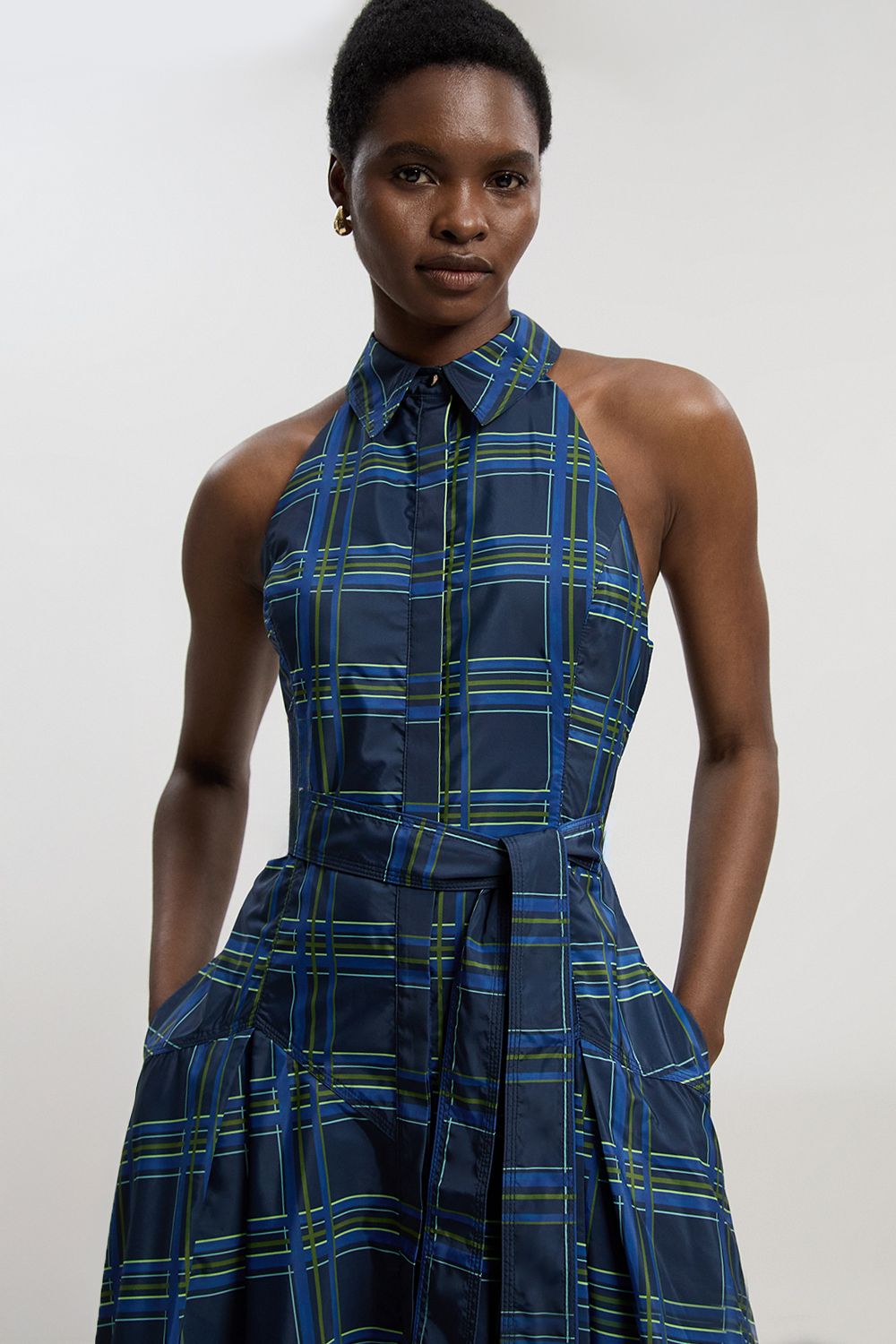 KarenMillen Check Print Taffeta Belted Woven Maxi Shirt Dress