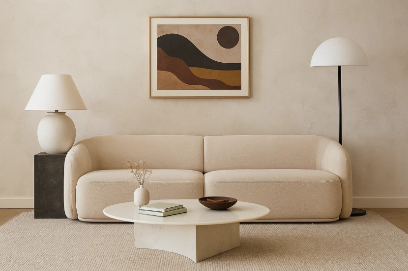 Modułowa sofa beżowa NOBIS z zaokrąglonymi bokami i wygodnym siedziskiem
