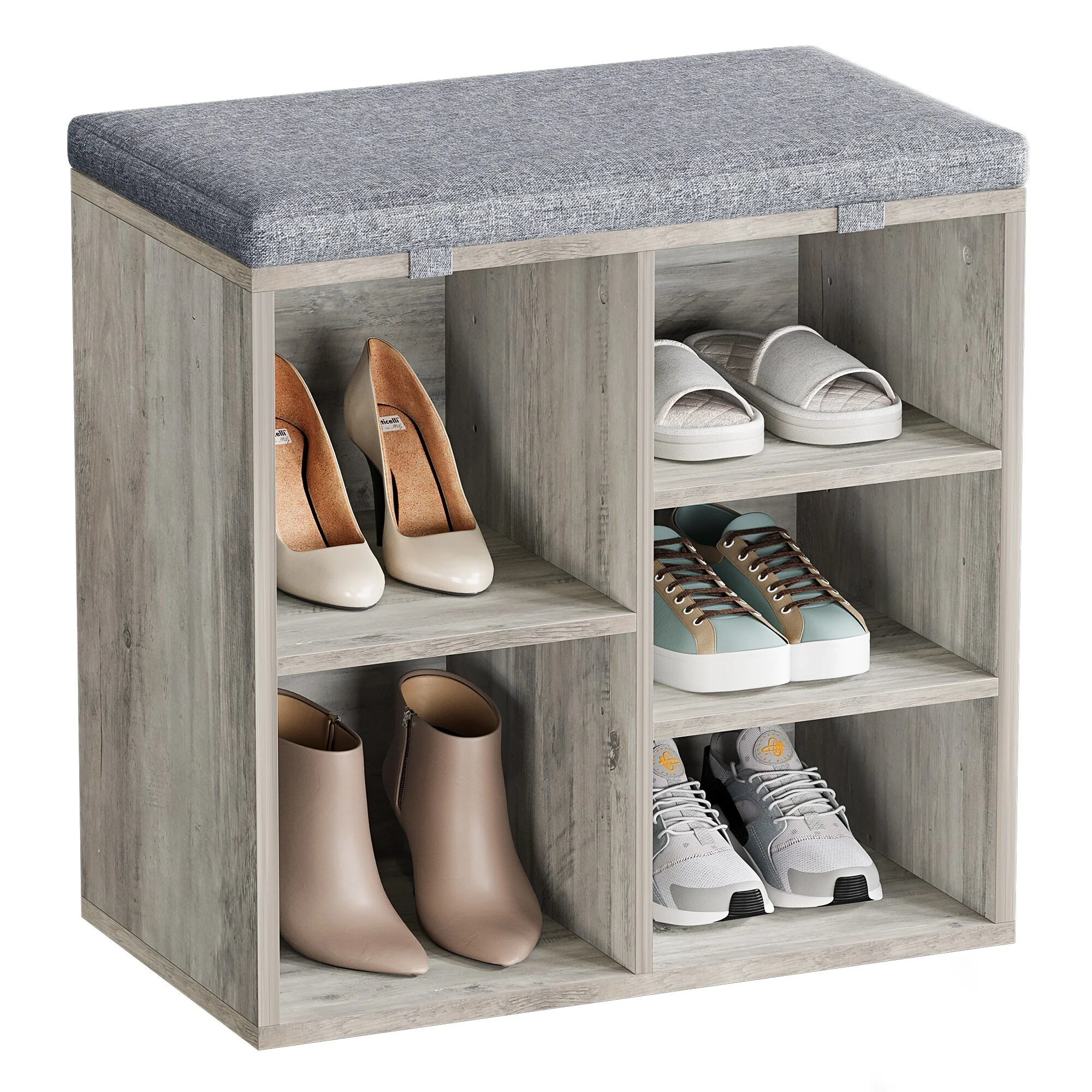 Compact Shoe Bench with Adjustable Heights,Cushioned 3-Tier Shoe Rack Organizer with 5 Compartments
