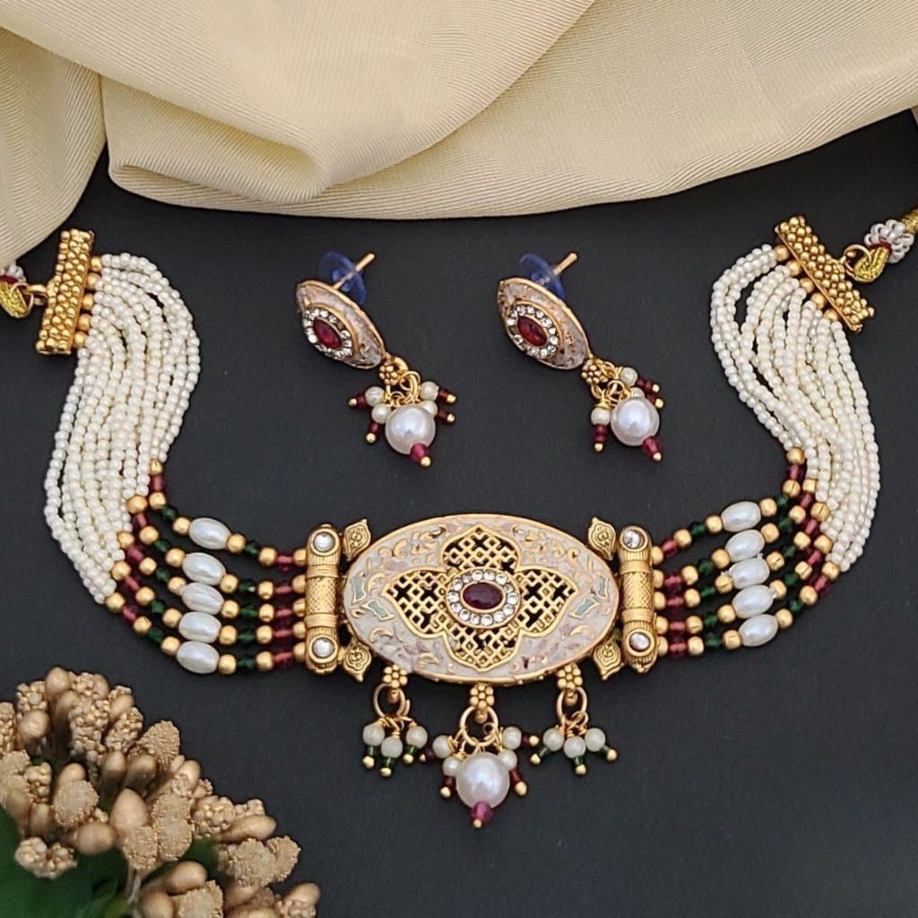 The Colourful Aura Traditional Ethnic Multi Strand White Pearl Dangle Diana Choker
