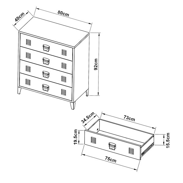 Commode métallique Hämeenlinna avec 4 tiroirs acier 92 x 80 x 40 cm vert mat en.casa